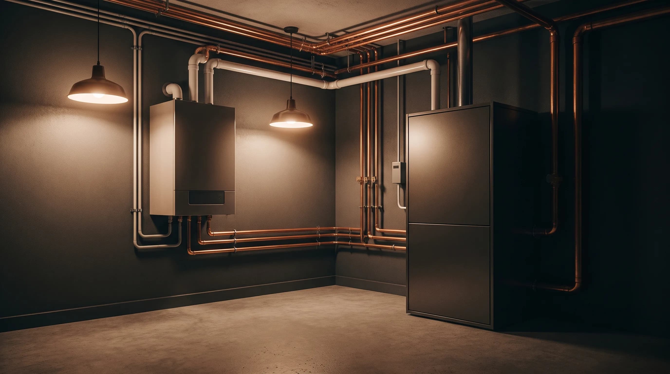 New high-efficiency boiler and copper piping in a residential basement