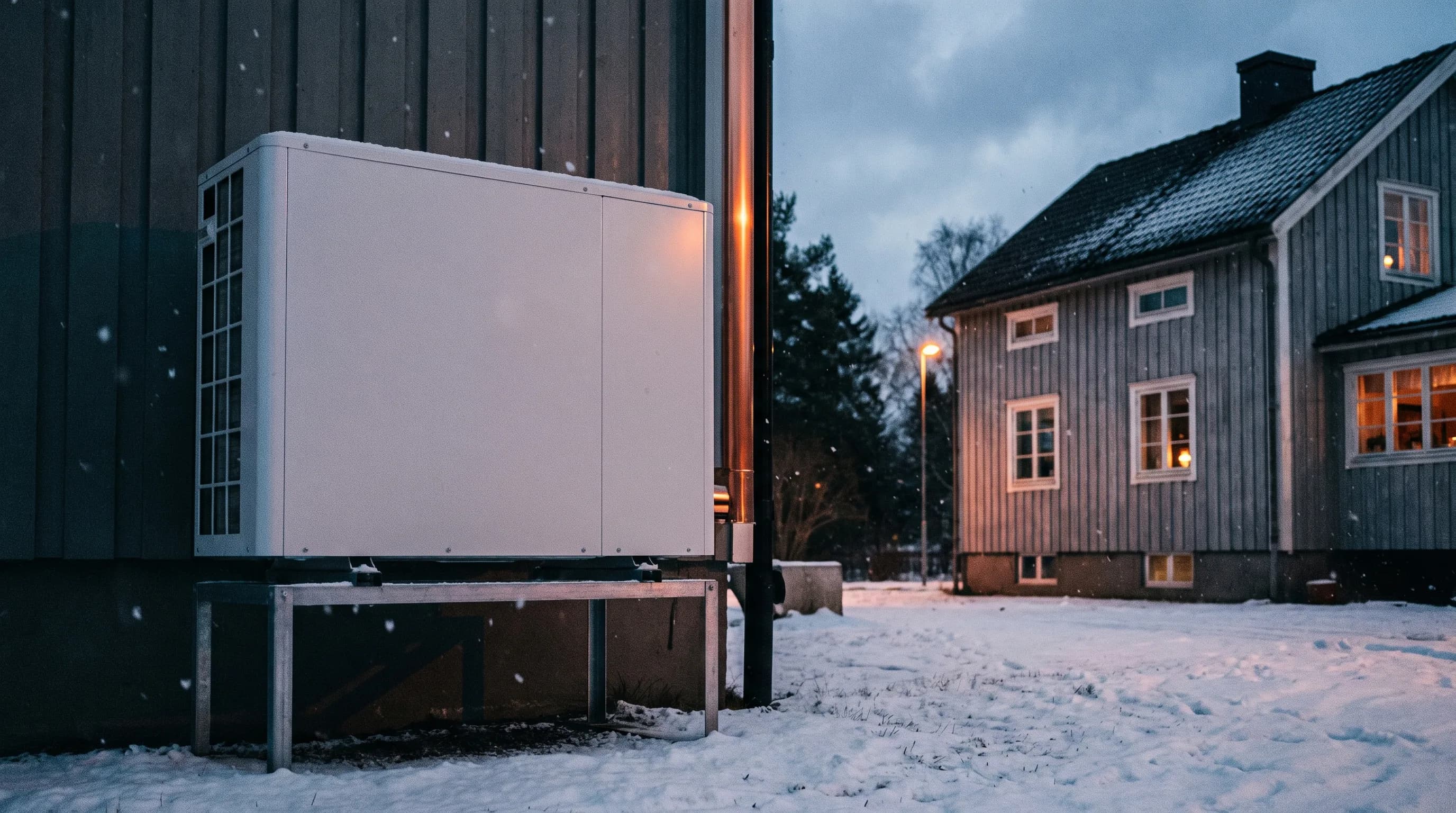 Cold-climate heat pump condenser running outside a New England home in winter