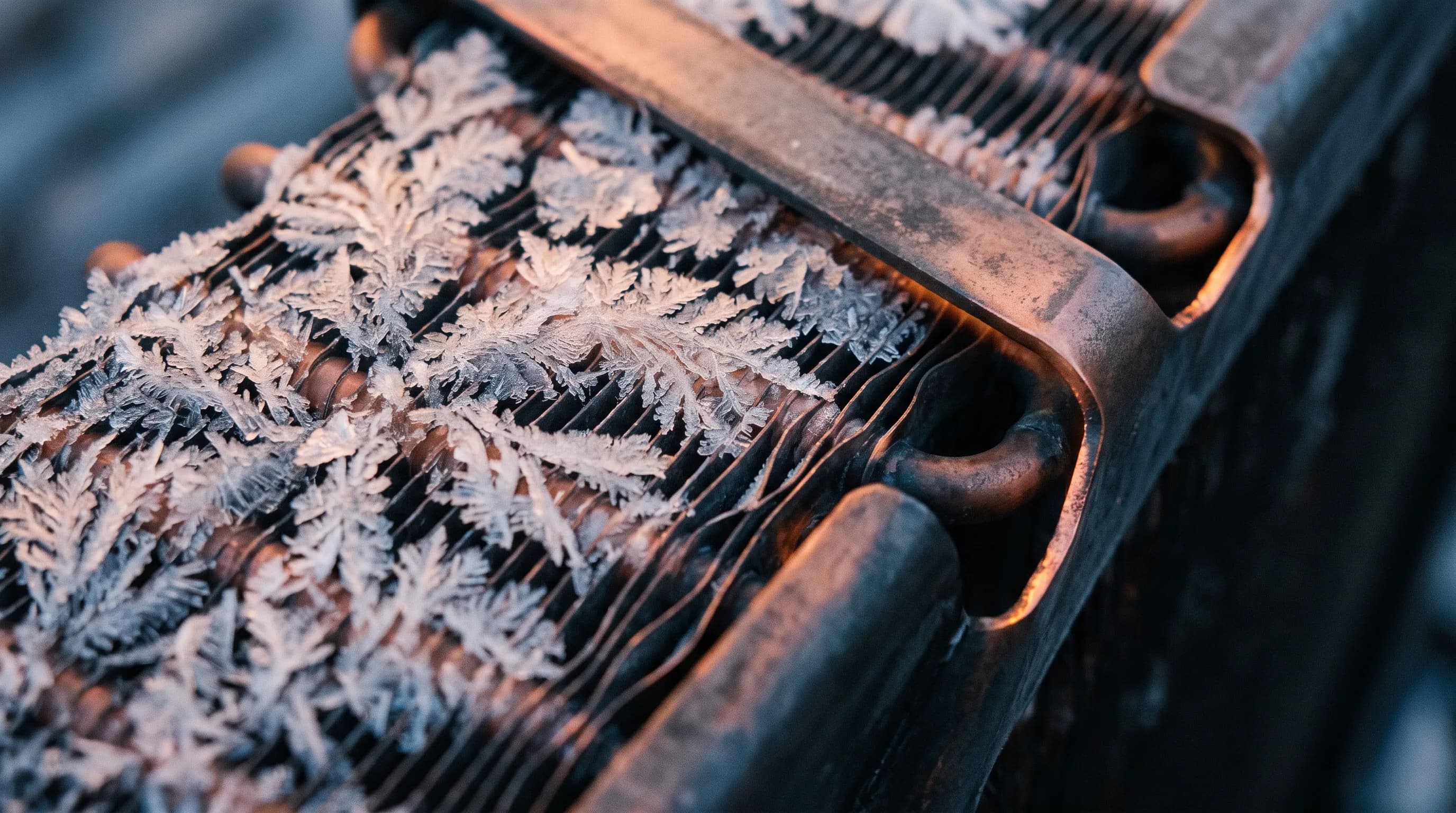 Frost forming on an outdoor heat pump unit in winter
