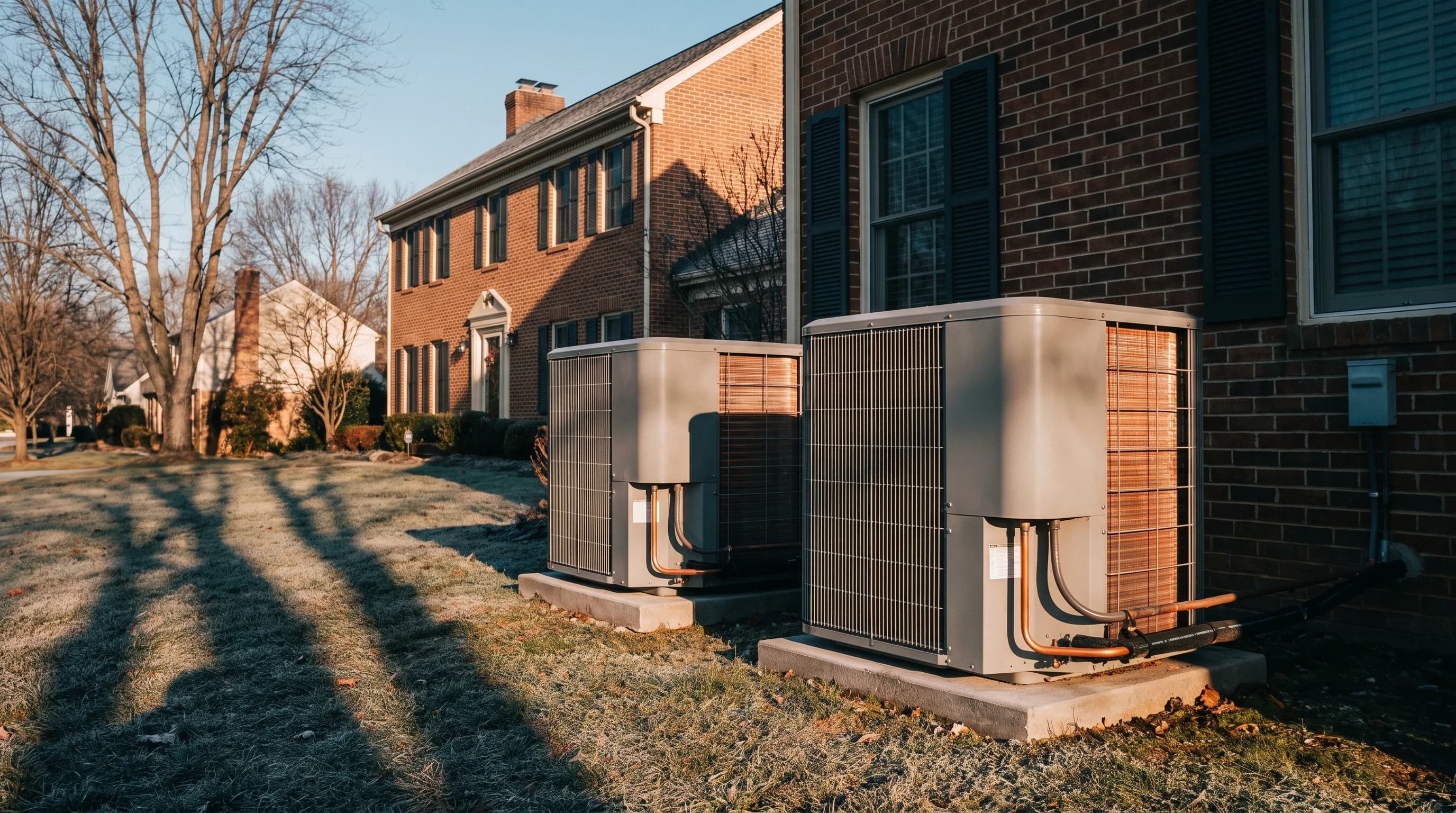 Heat pump condensers staged at a distributor warehouse