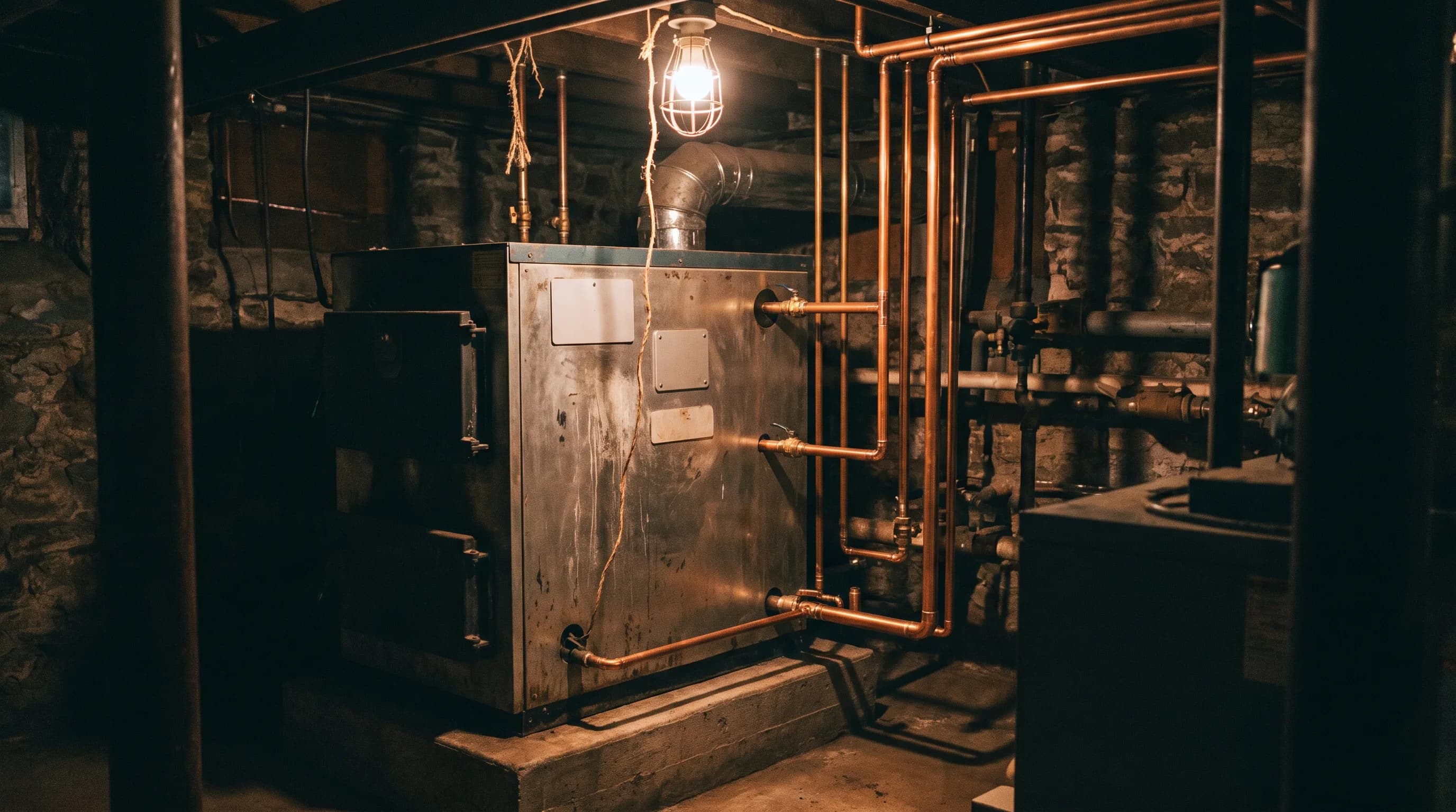 Aging boiler beside a newly installed high-efficiency replacement