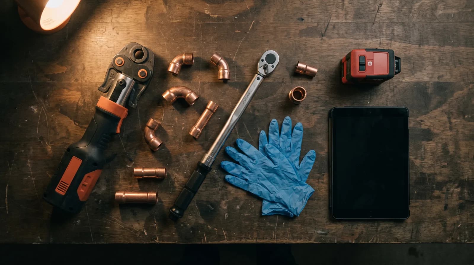 Well-worn pipe wrenches, tubing cutter, and torch striker laid out on a scarred wooden workbench