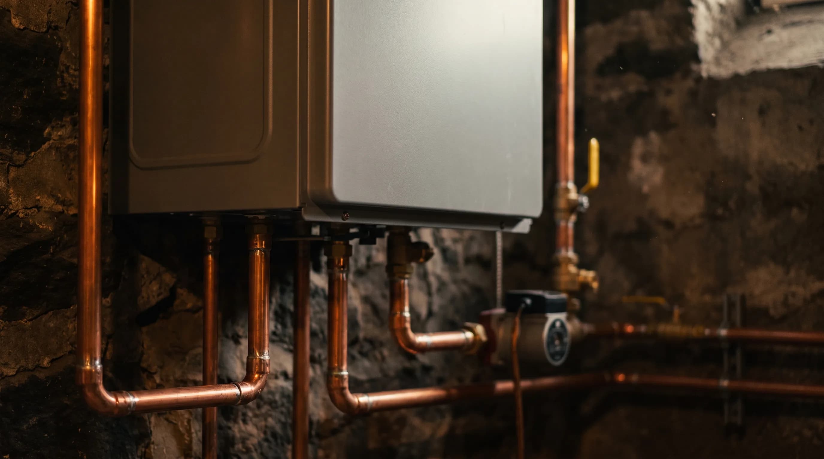 Modern wall-hung boiler with copper supply and return piping swept in below it