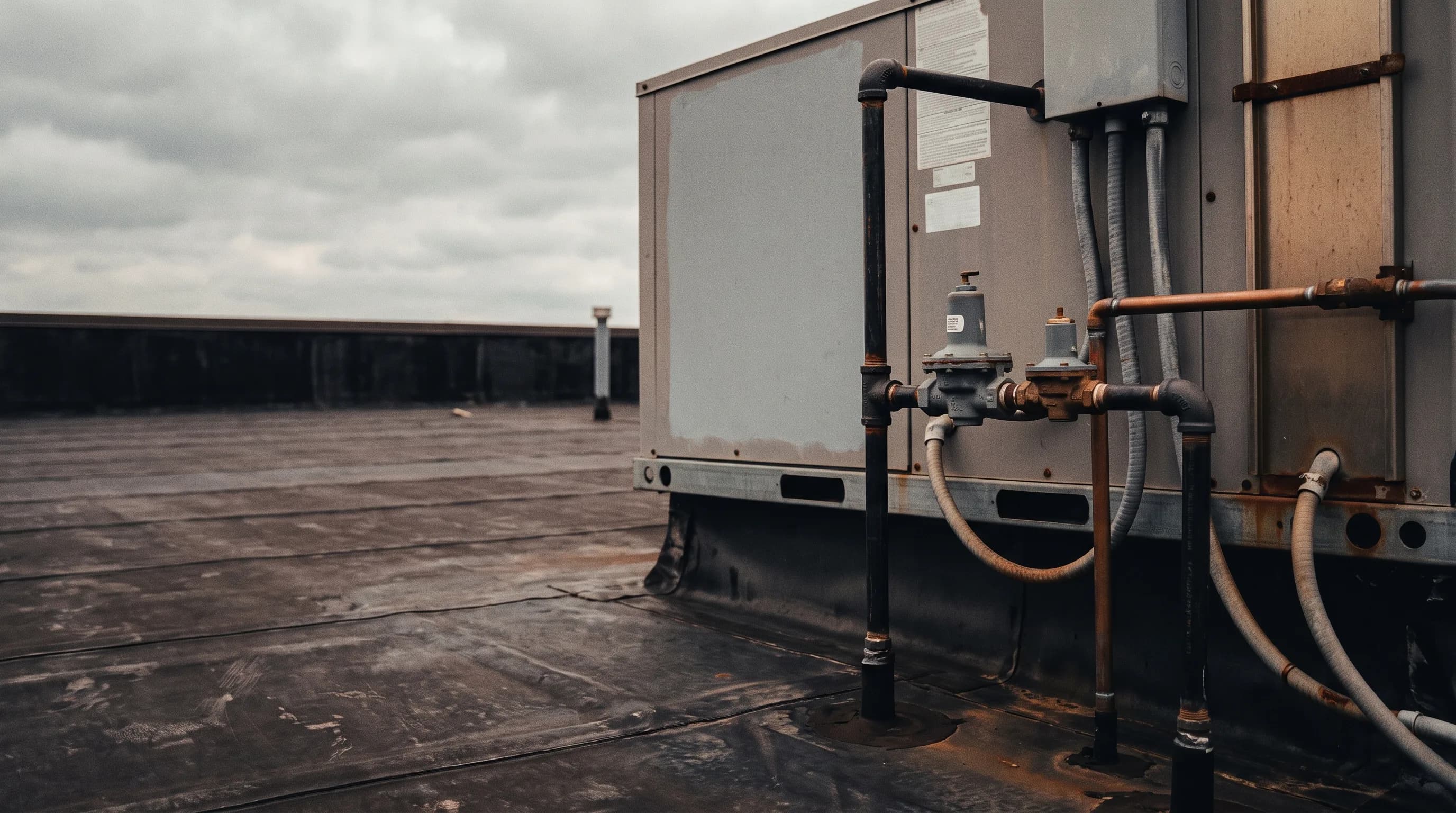 Rooftop packaged unit with new black iron gas line and conduit across a commercial roof at golden hour