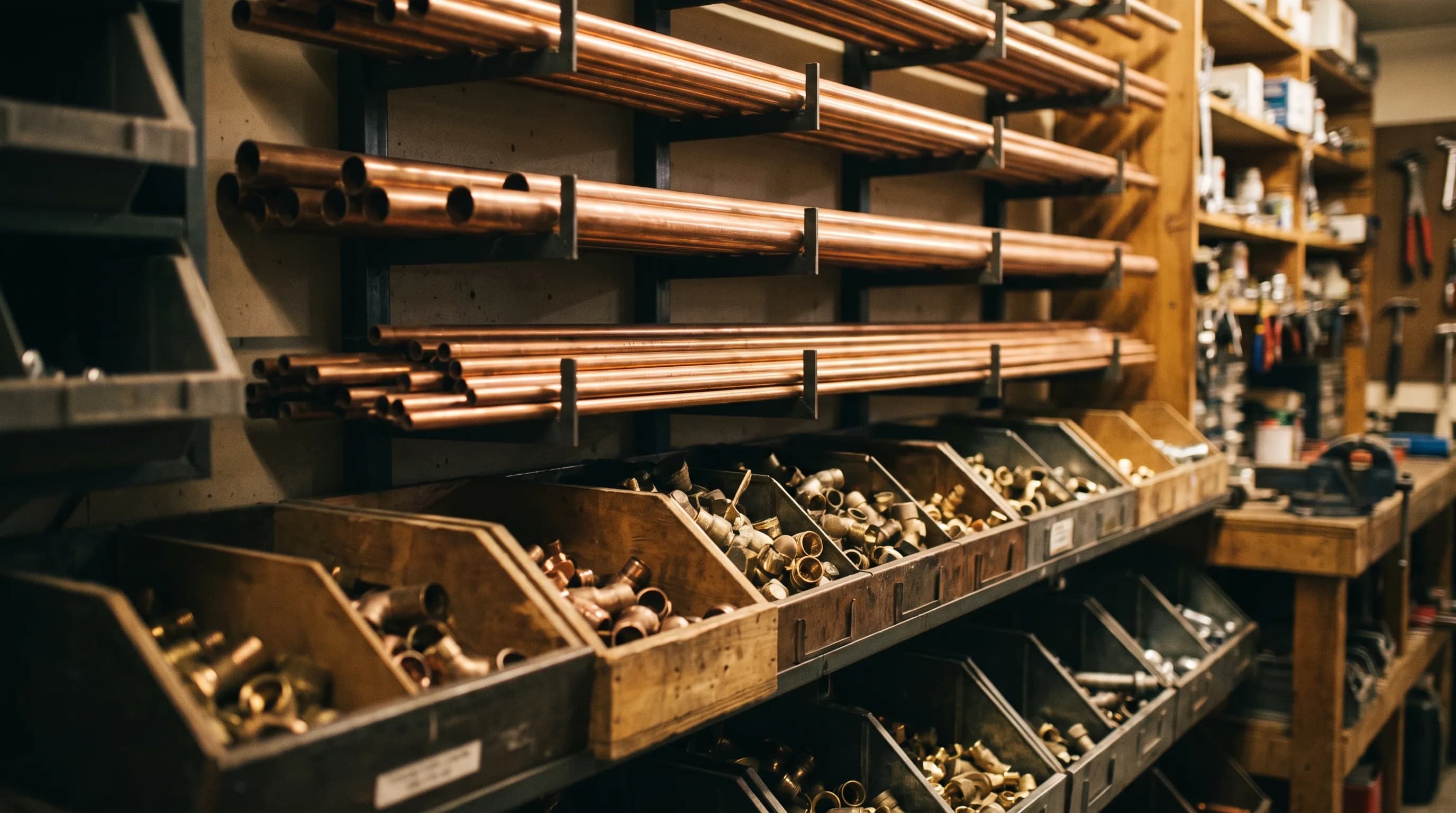 Copper pipe lengths racked above open bins of brass fittings on the shop parts wall