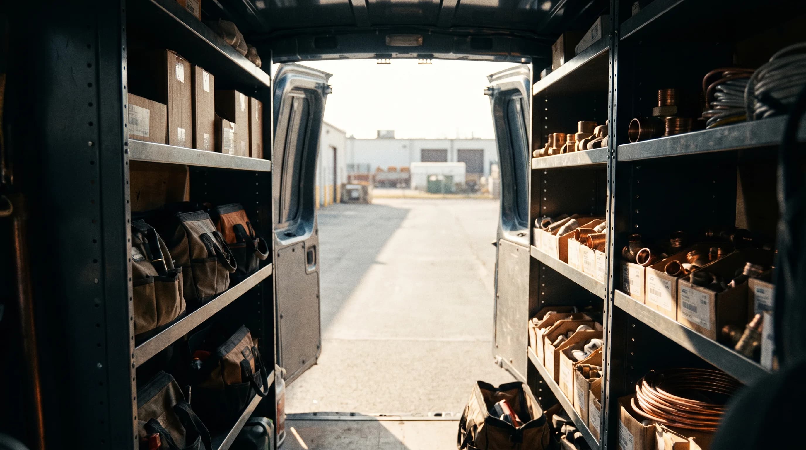 Service van shelving stocked with copper fittings, valve boxes, and tool bags