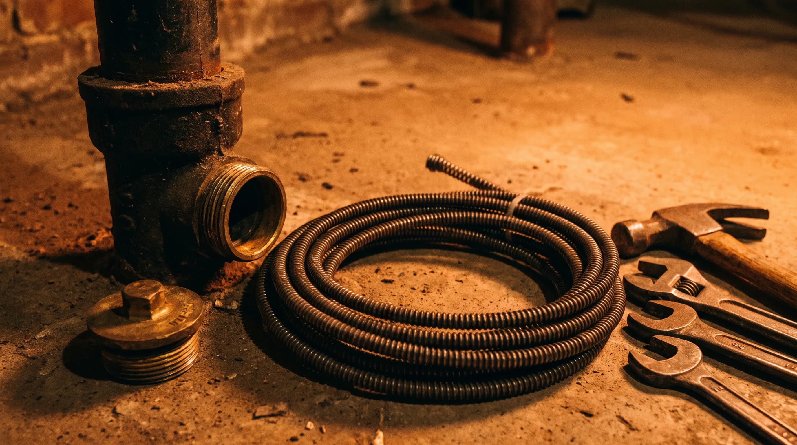 Drain auger cable coiled beside an open brass cleanout plug in a cast iron stack