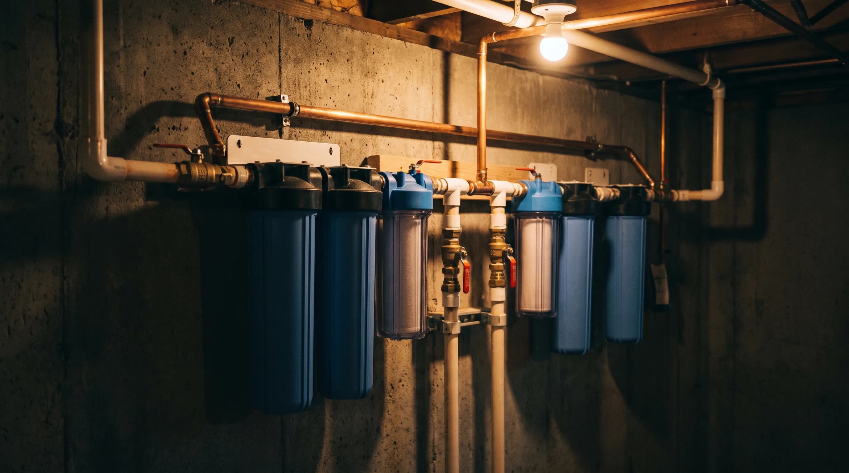 Whole-house water filter housings plumbed in line with bypass valves along a basement wall