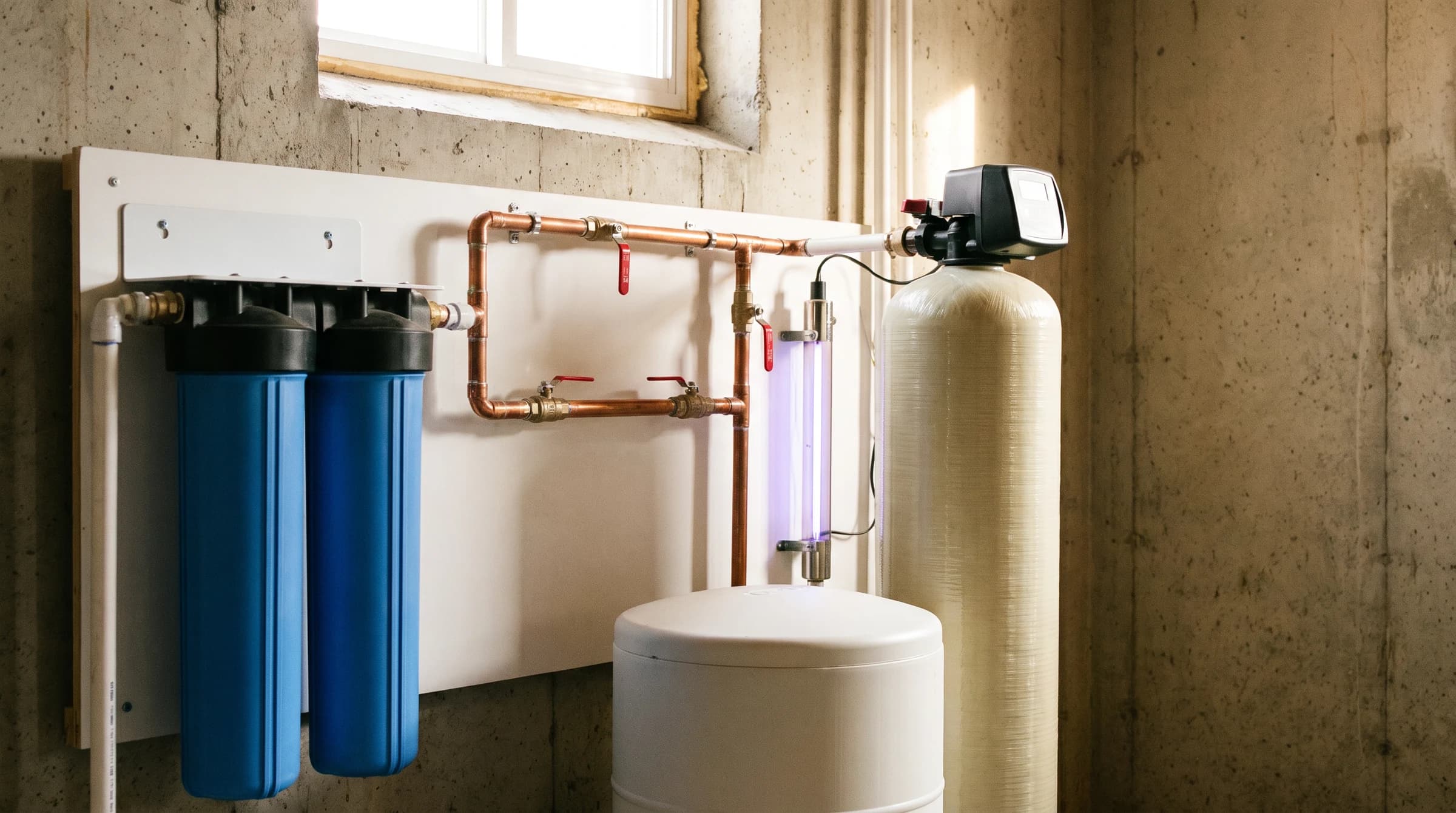 Whole-house water treatment wall: softener and brine tanks, twin blue filter housings, copper bypass loop, UV lamp