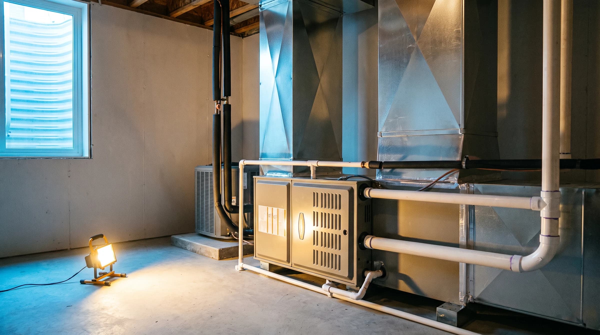 New high-efficiency furnace with PVC venting and a refrigerant line set dropped beside it for the dual-fuel pairing