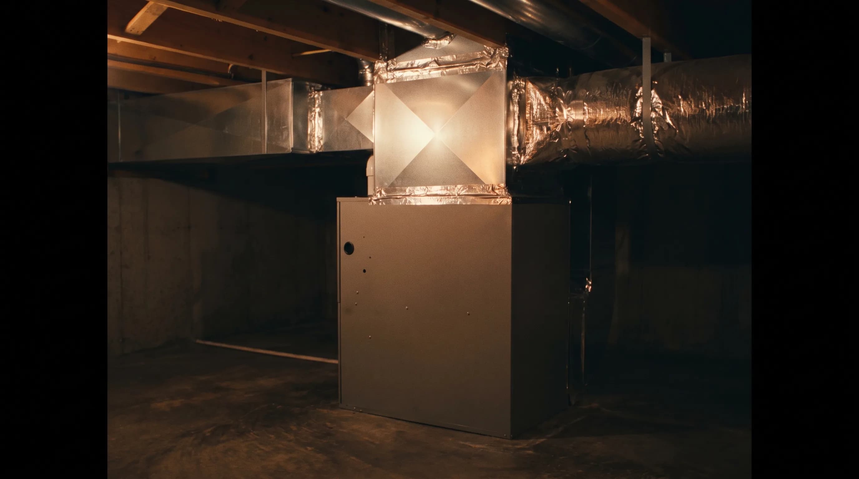 Furnace cabinet with a clean sheet metal supply plenum rising into the basement joists