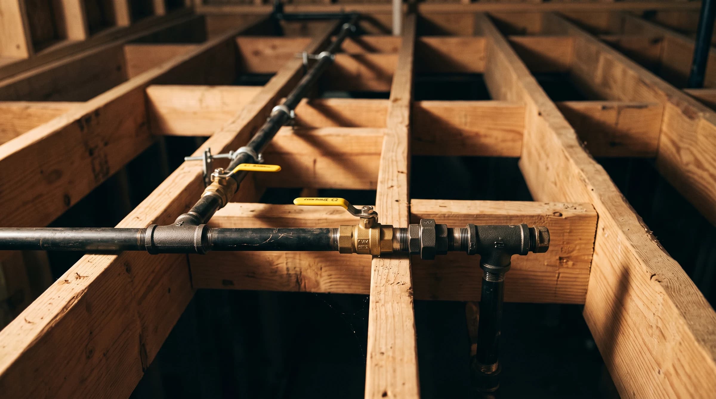 New black iron gas main across basement joists with branch drops, yellow ball valves, and a sediment trap