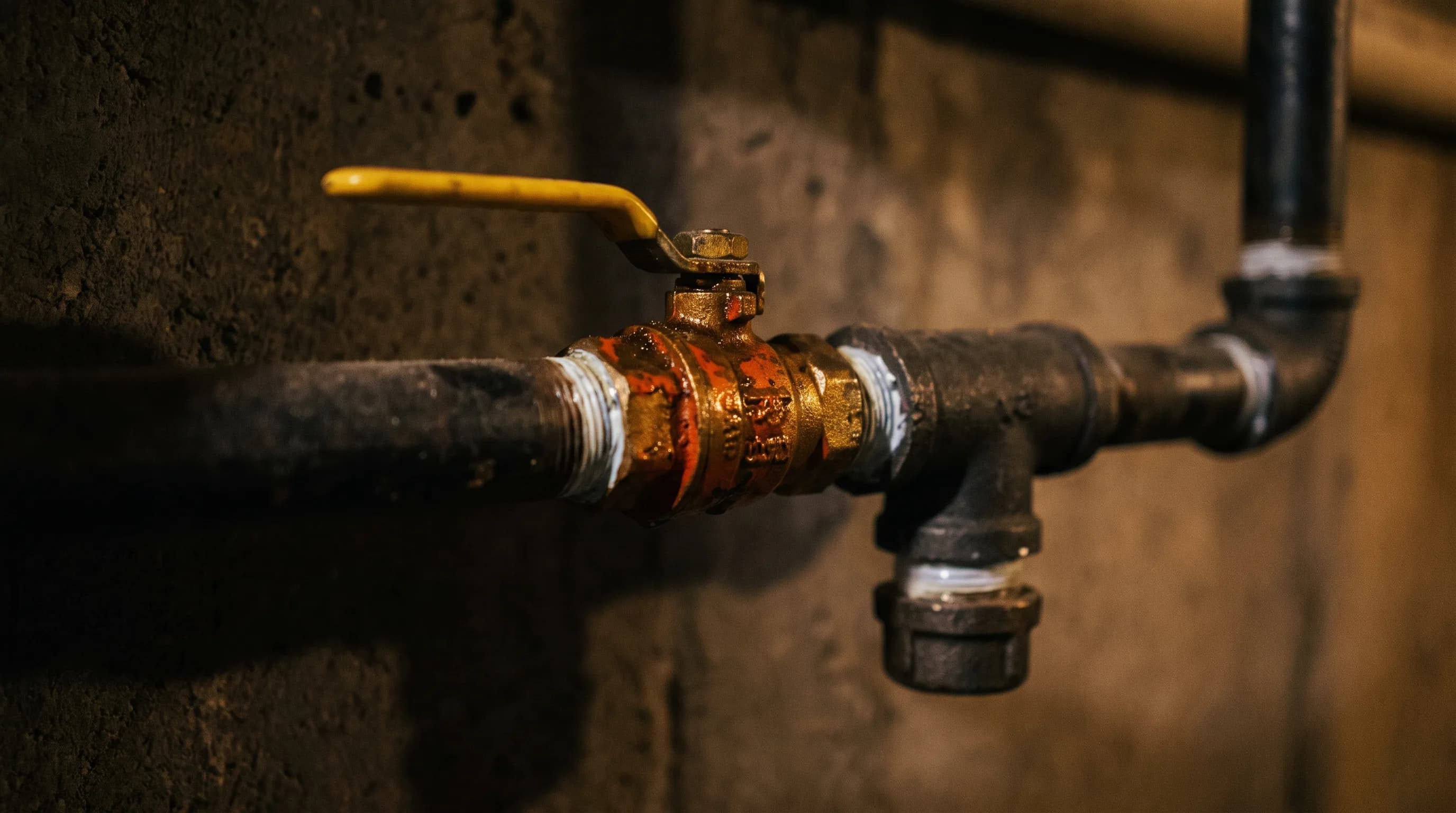 Black iron gas pipe run with a shutoff valve and sediment trap, threaded joints made up clean