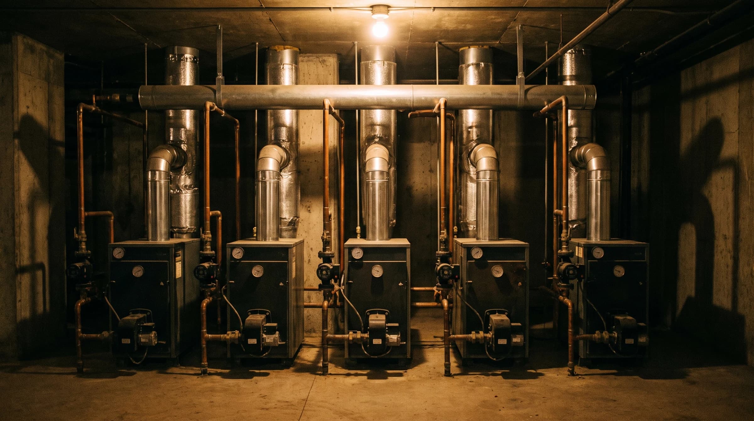 Row of five compact commercial boilers with stainless vent collars and copper near-boiler piping in an occupied plant basement