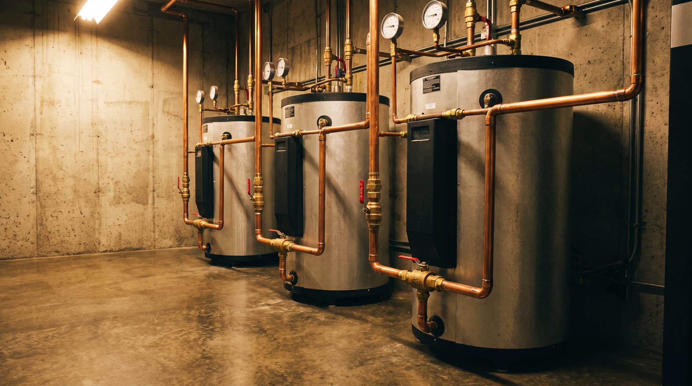 Commercial mechanical plant room with a row of large water heaters piped in copper manifolds