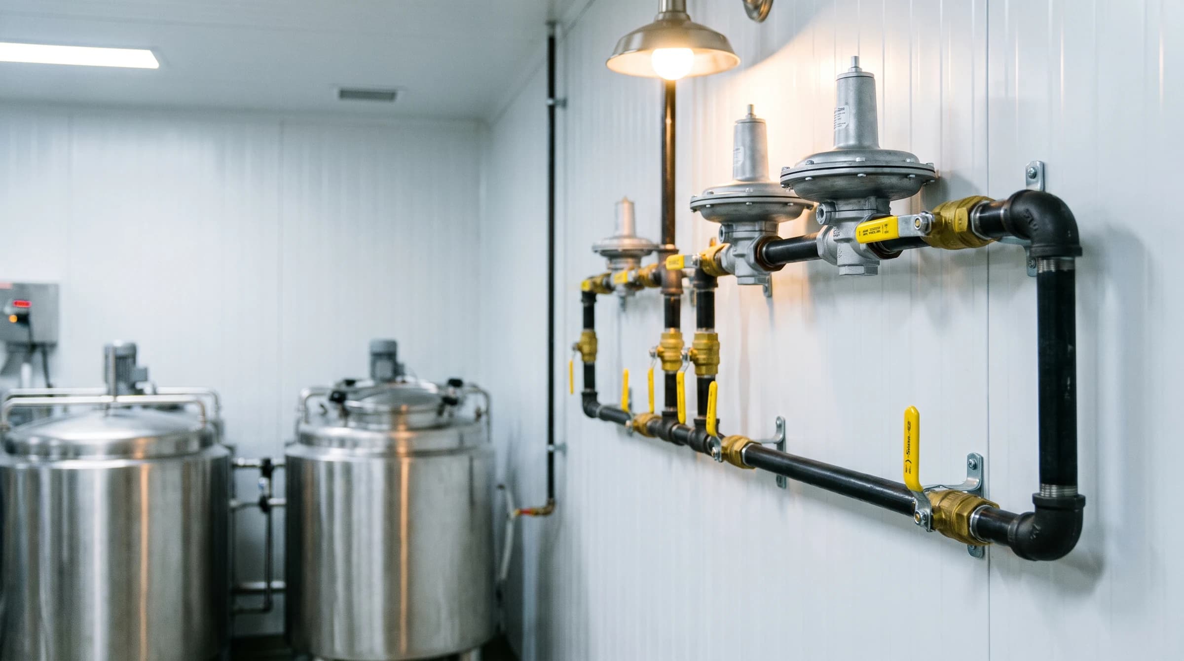 New black iron gas piping with regulators and yellow shutoff valves along a white food-plant wall, stainless kettles behind