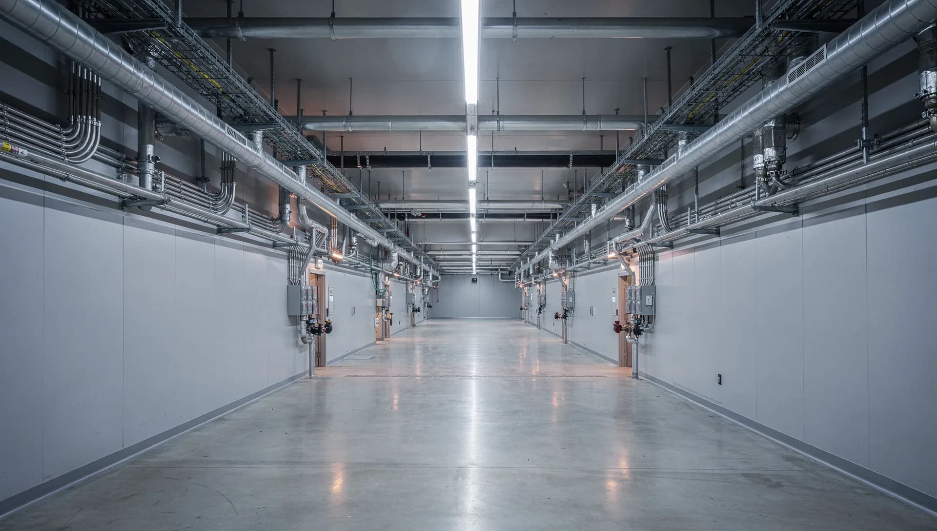 Commercial mechanical corridor with insulated piping runs and conduit overhead
