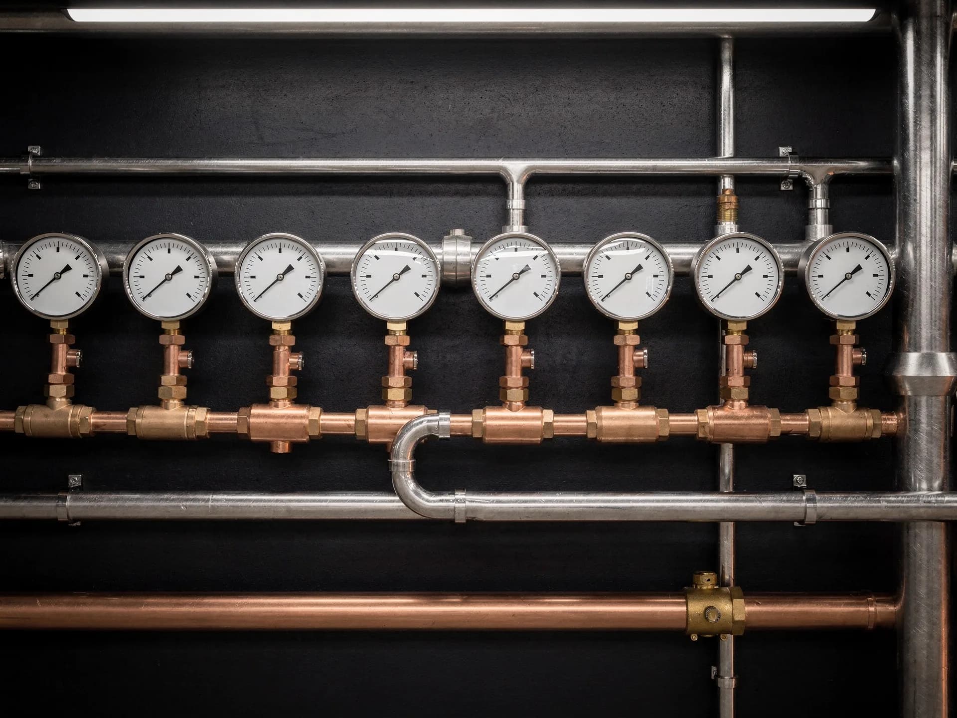 Pressure gauges and valve manifolds on a commercial mechanical plant wall