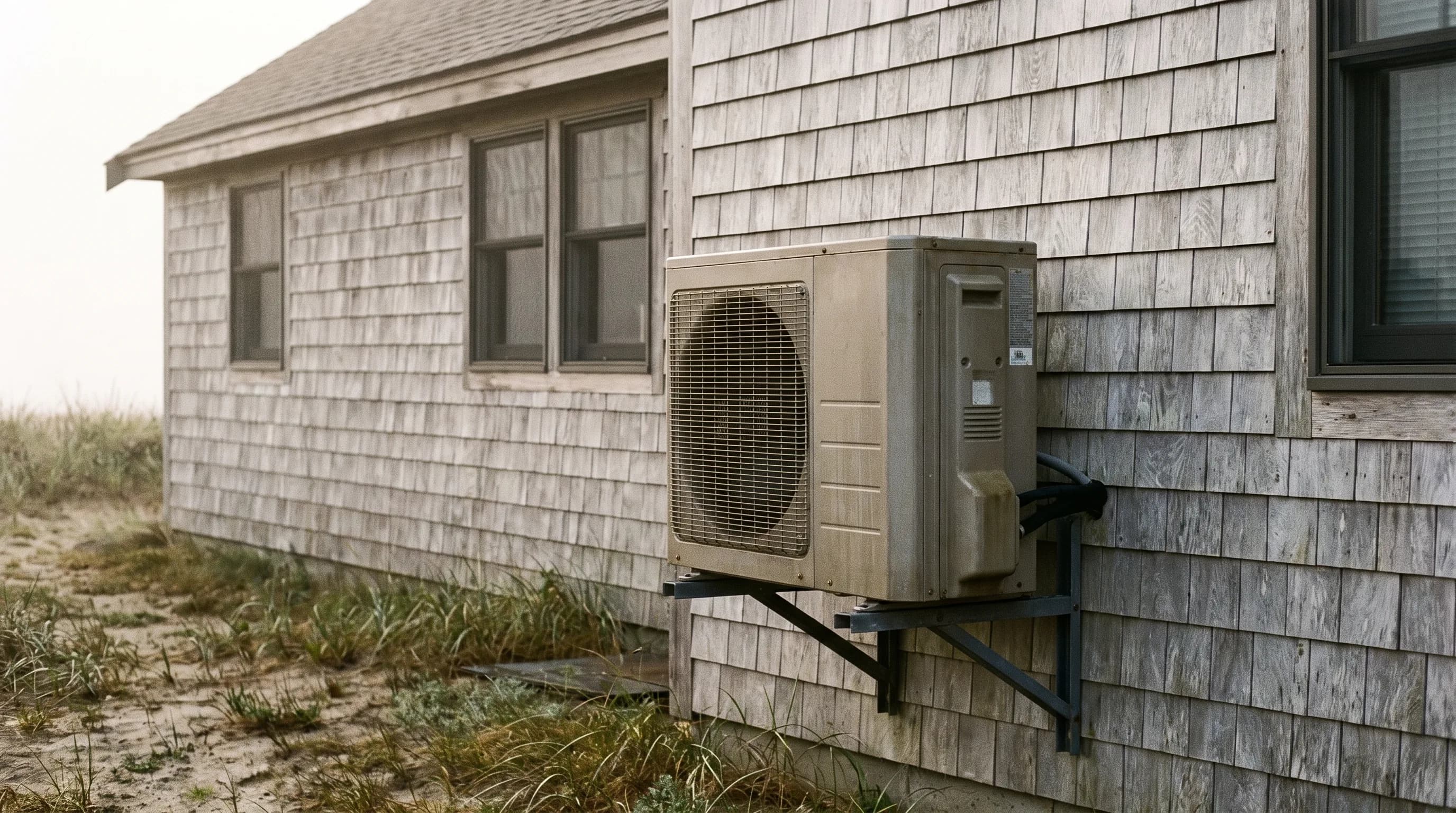Cold-climate heat pump condenser bracket mounted on the cedar shingle wall of a coastal cottage