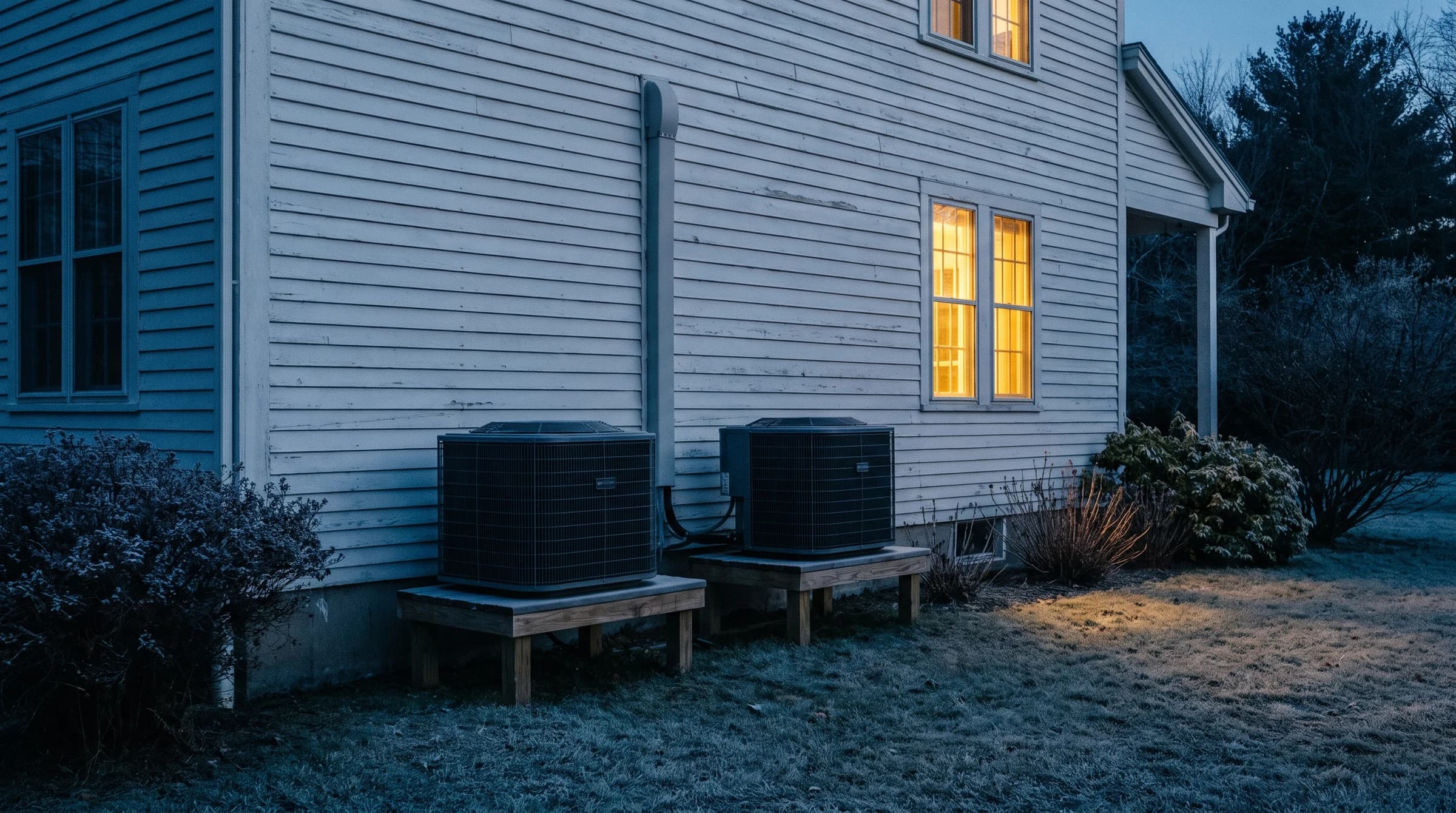 Twin cold-climate heat pump condensers on stands against a New England colonial at dusk, warm window light above