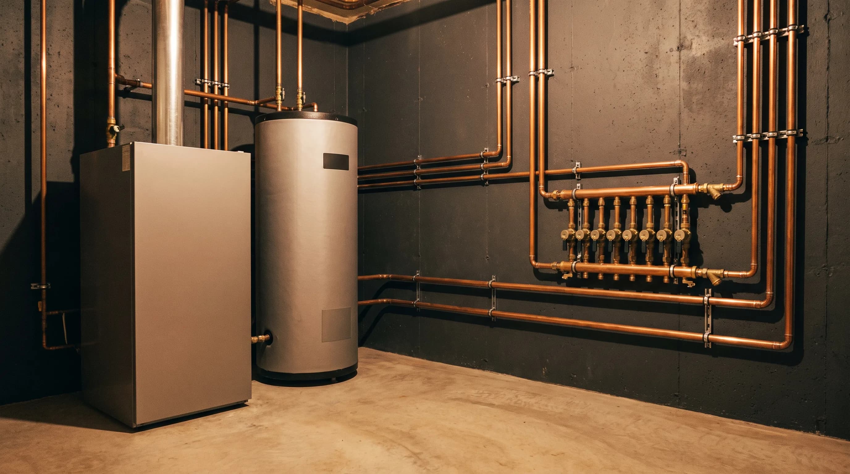 Neat residential mechanical room with a boiler and indirect tank piped square and plumb in copper