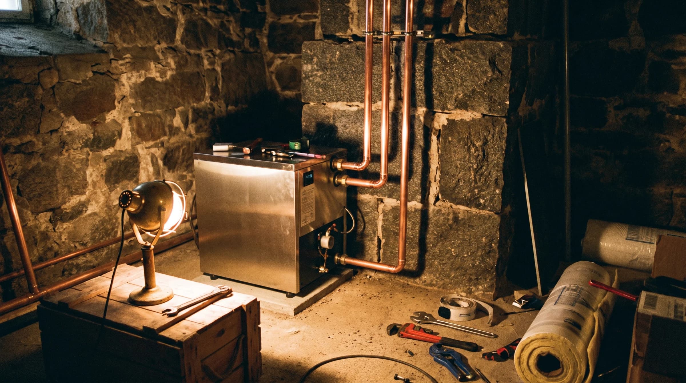 New red boiler piped in with expansion tanks in an old brick basement