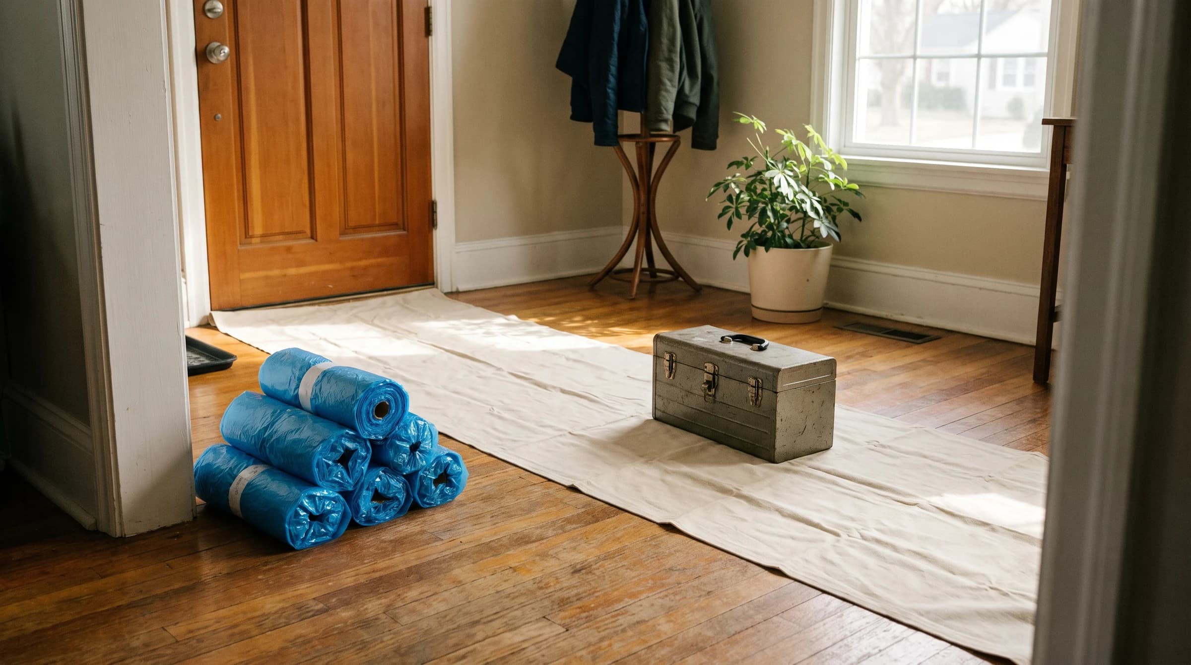 Boot covers and a floor runner laid at a front door with a toolbox waiting