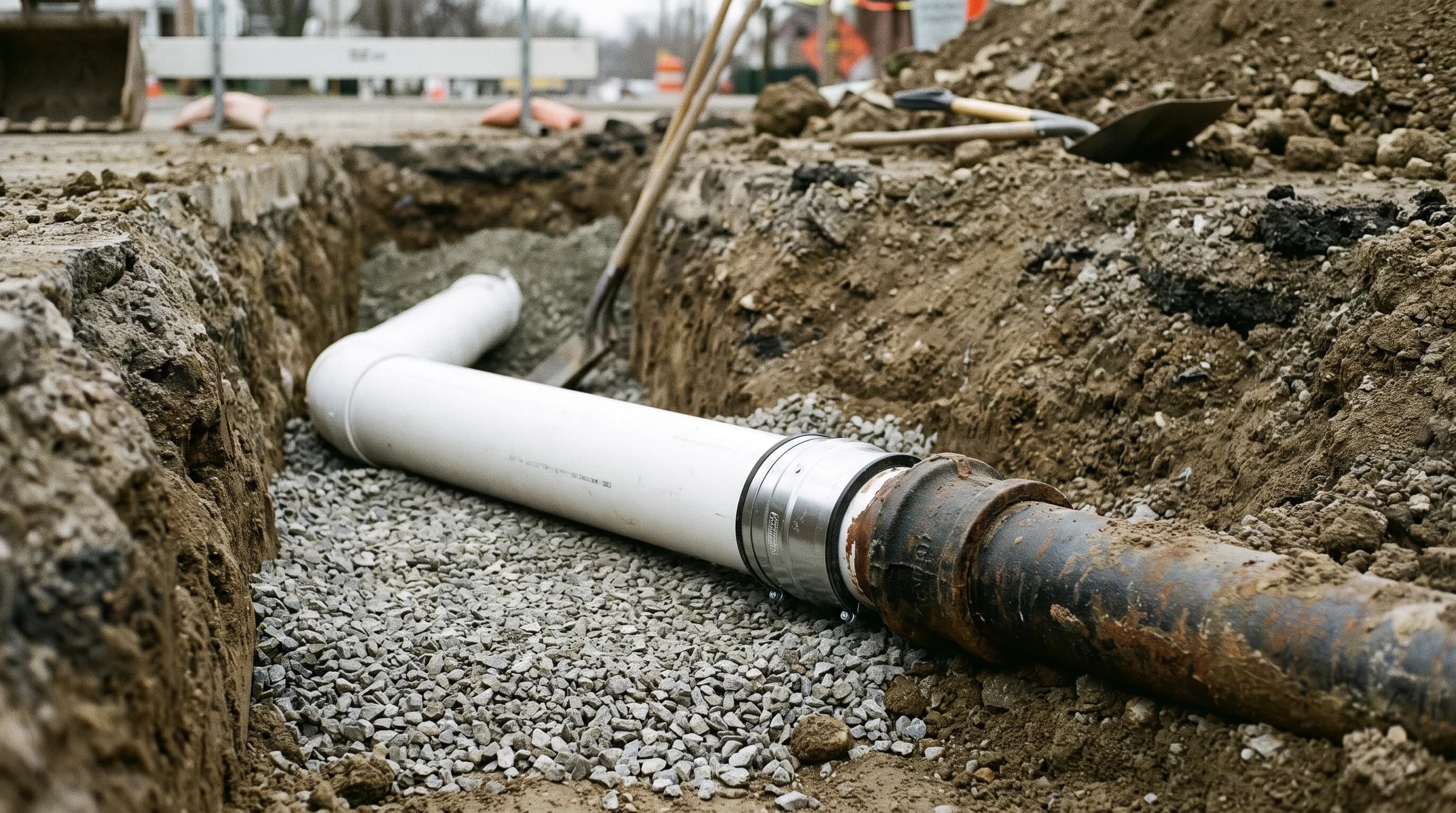 Excavated trench with a new sewer line and fresh repair coupling