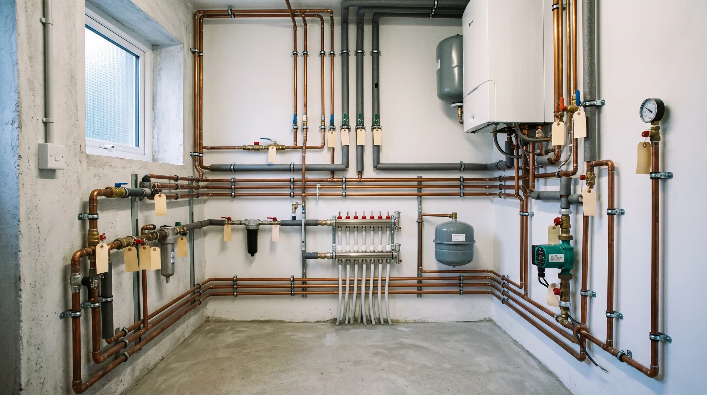After-service utility room with labeled valves, strapped lines, and a spotless floor