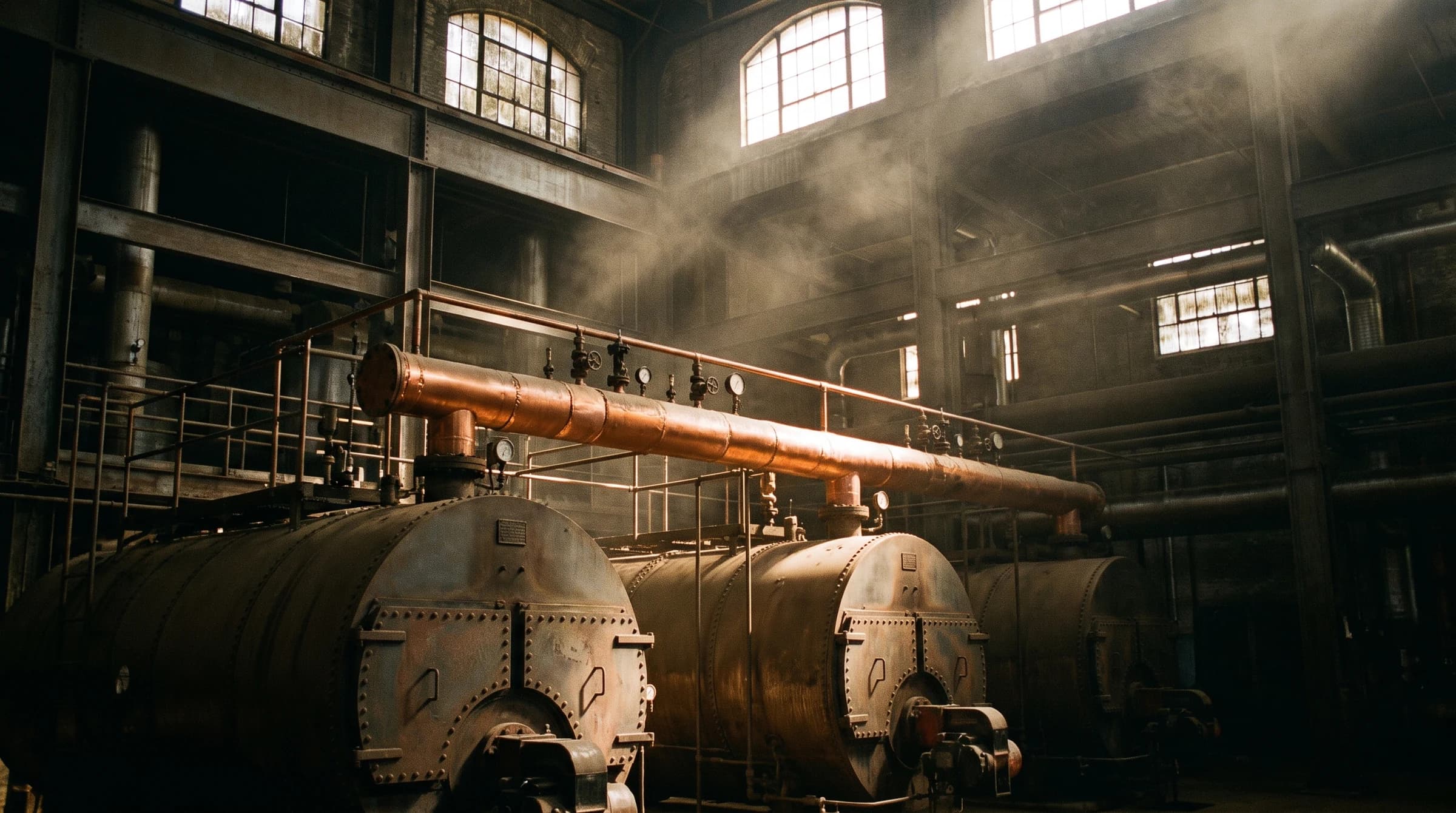 Three oil-fired boilers under a copper circulator header in a tall plant room with light shafts