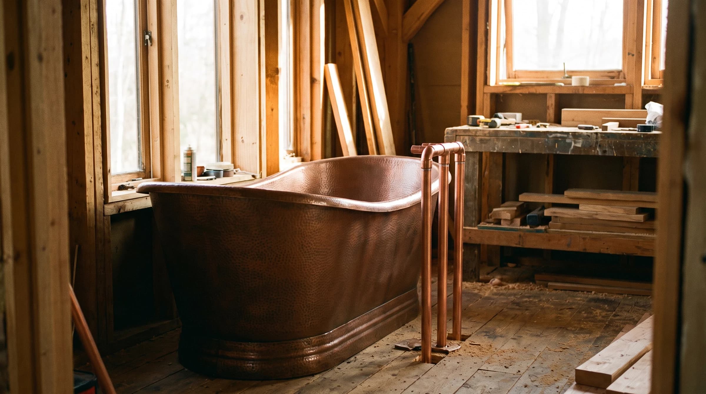 Freestanding copper tub set in a framed bathroom with exposed new copper supplies