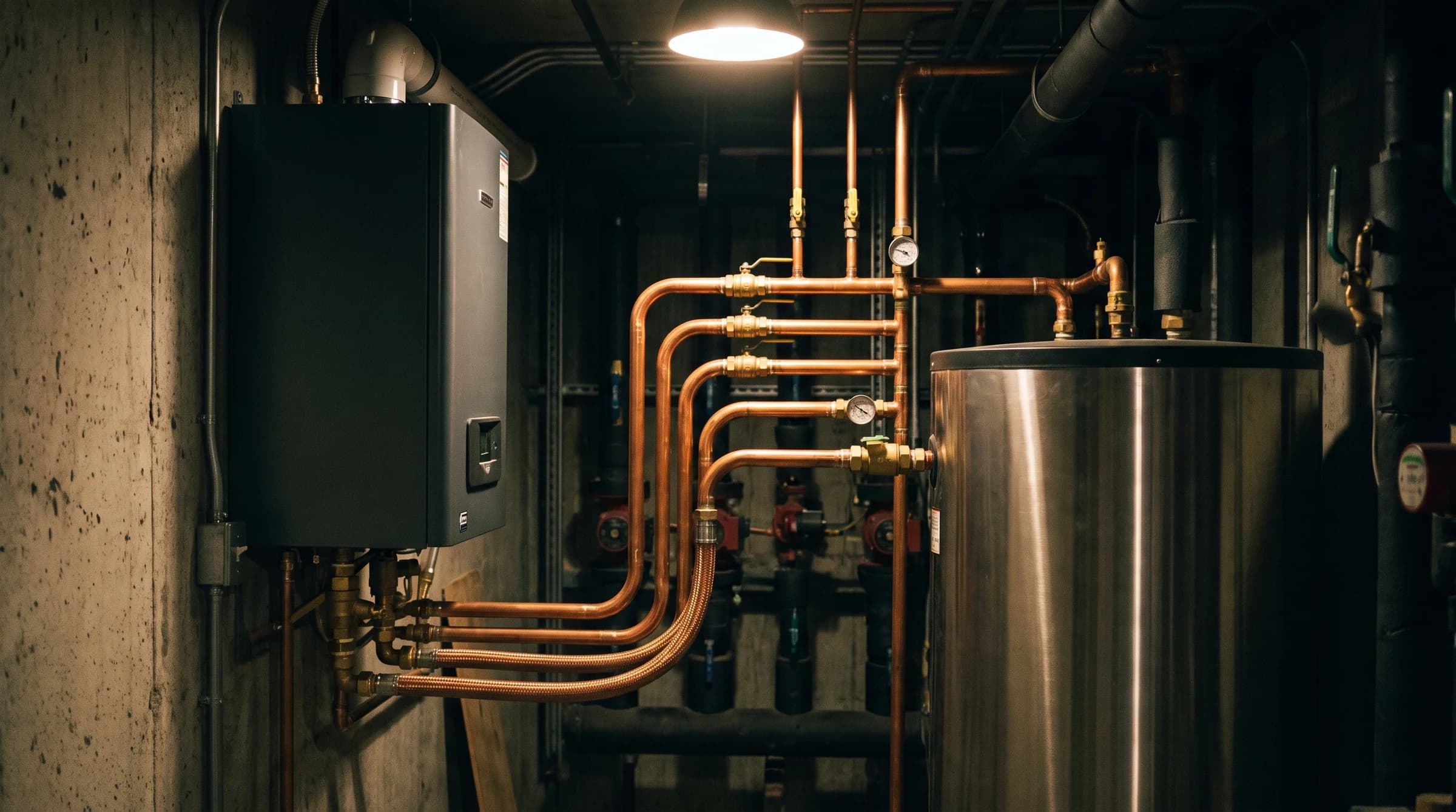 Wall-hung condensing boiler with stainless indirect tank and immaculate copper manifold under a single warm spot