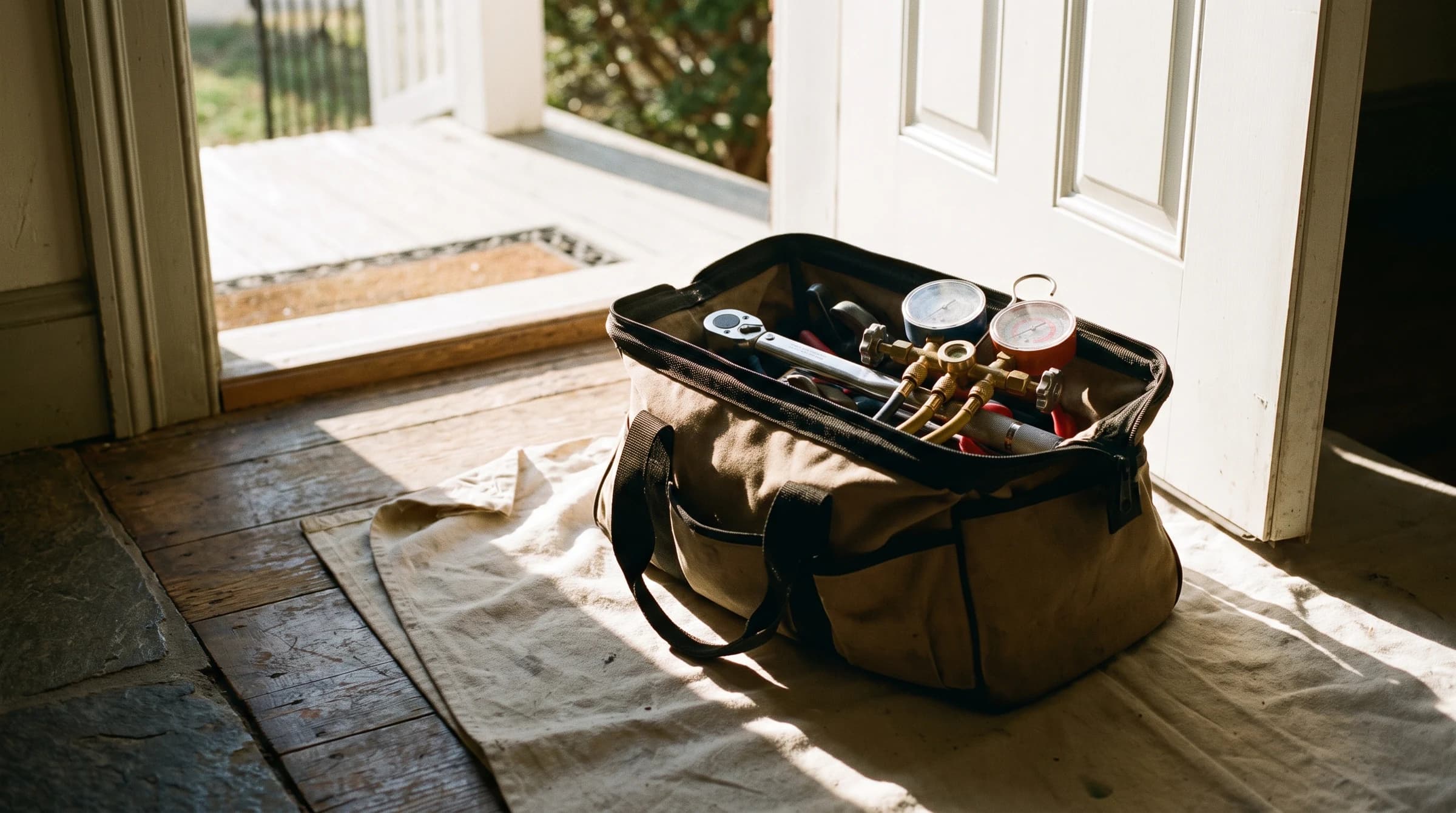 Open tool bag with torque wrench, gauges, and fittings laid out on a drop cloth at a job doorway