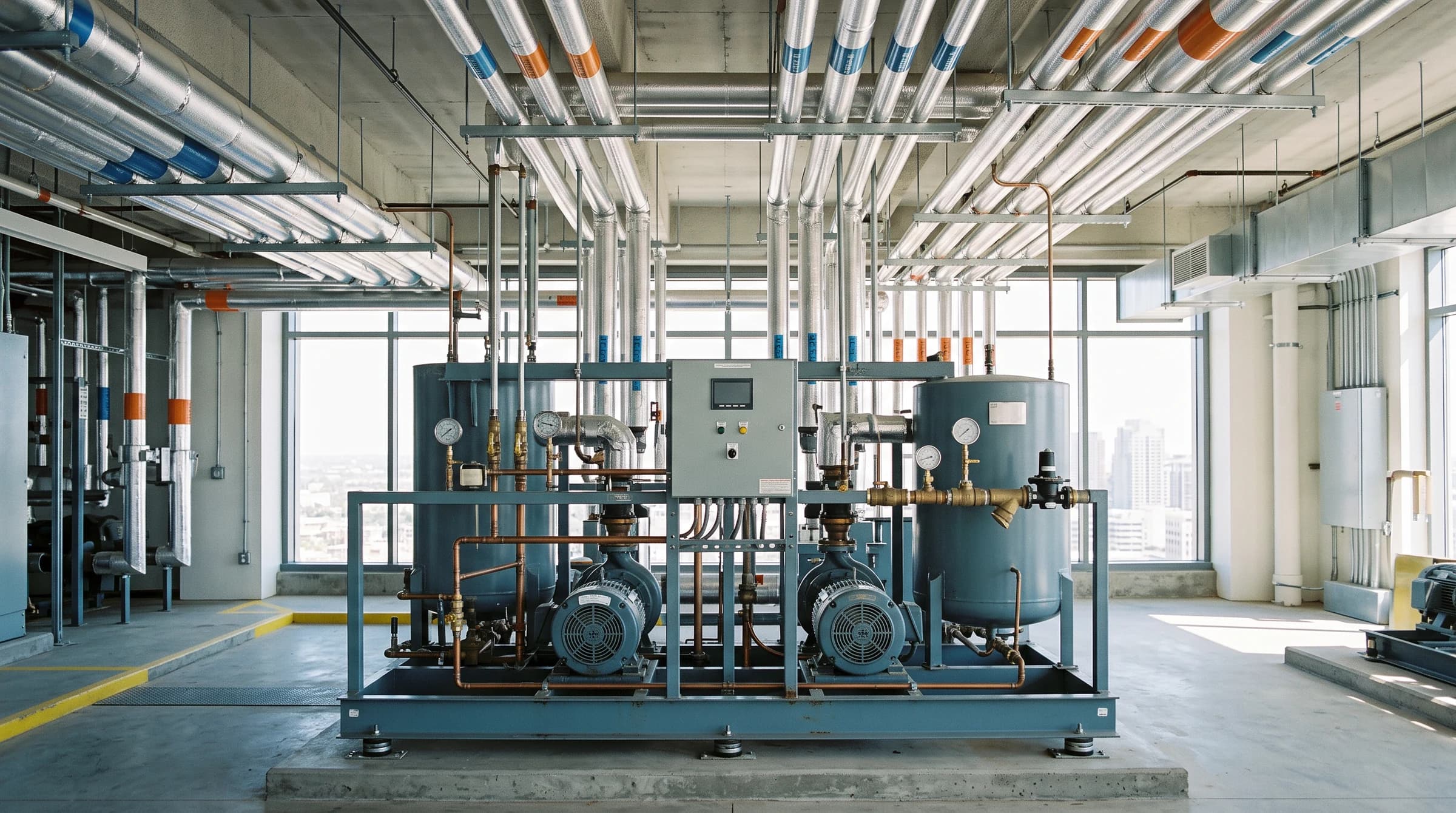 Glycol pump skid with gauges and insulated mains in a bright penthouse plant room