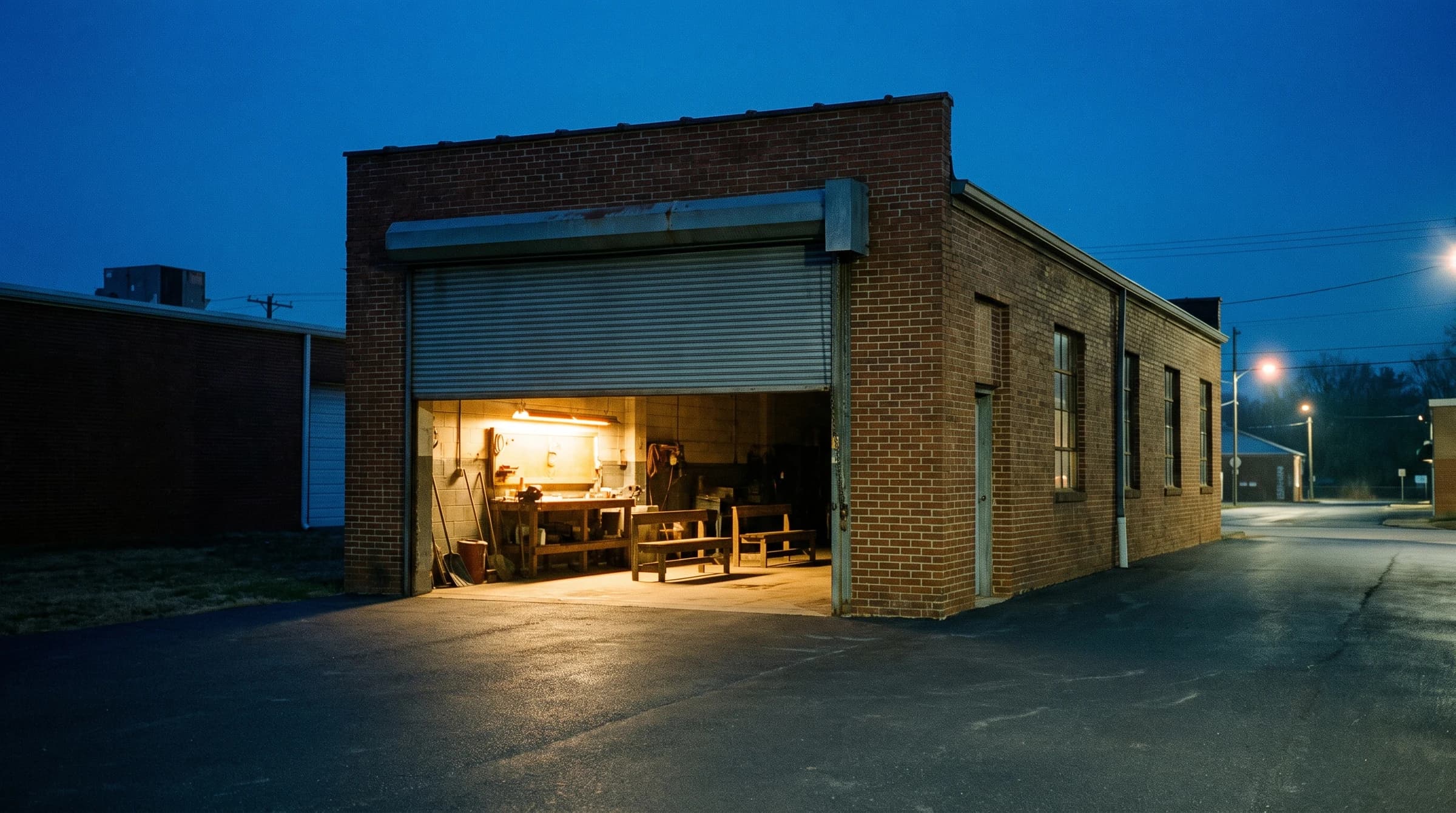 Brick shopfront bay with roll-up door aglow at blue hour