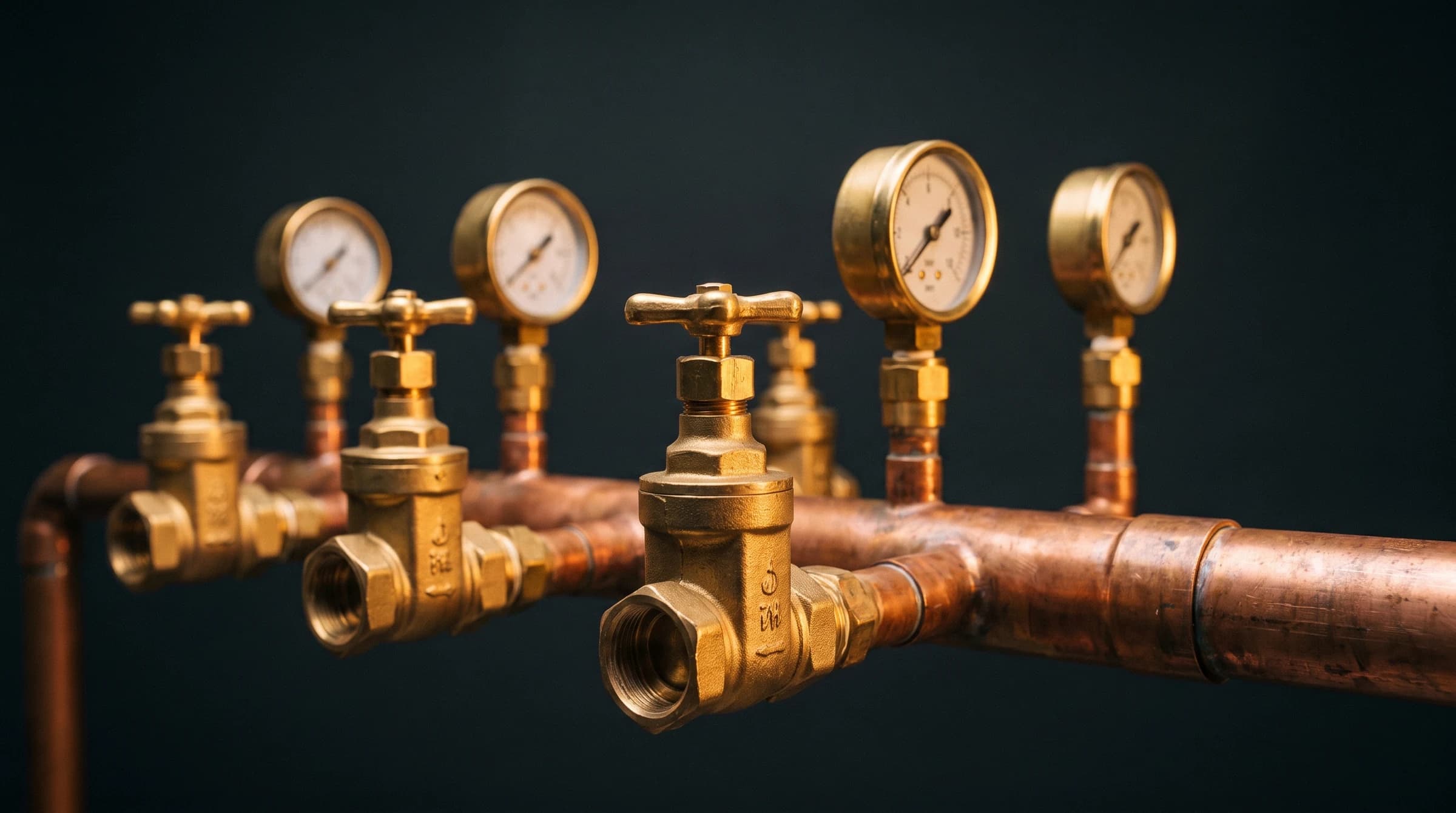 Row of brass gate valves and gauges mounted on a display manifold against a dark backdrop