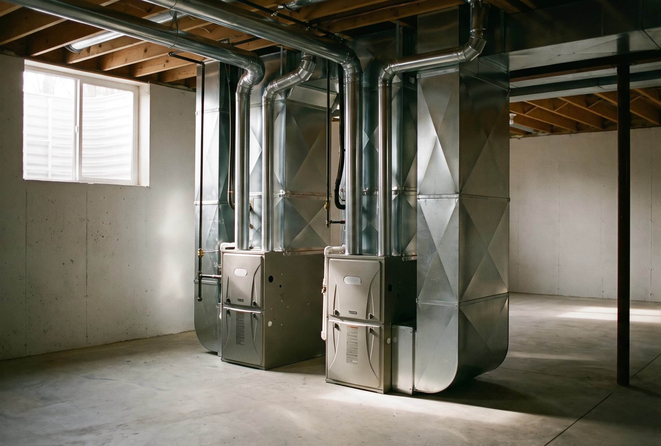 Pair of high-efficiency furnaces with bright galvanized trunk ducting in a clean unfinished basement