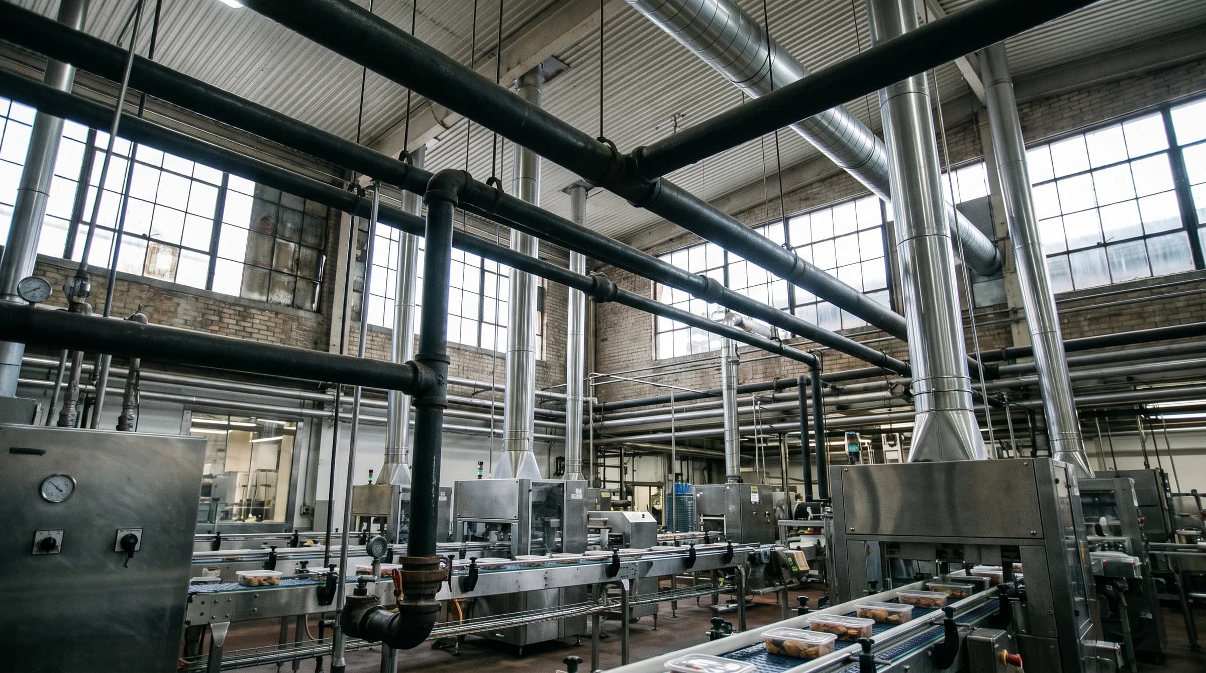 Overhead black-iron process piping and stainless ductwork spanning a commercial food-production plant, packaging conveyors below