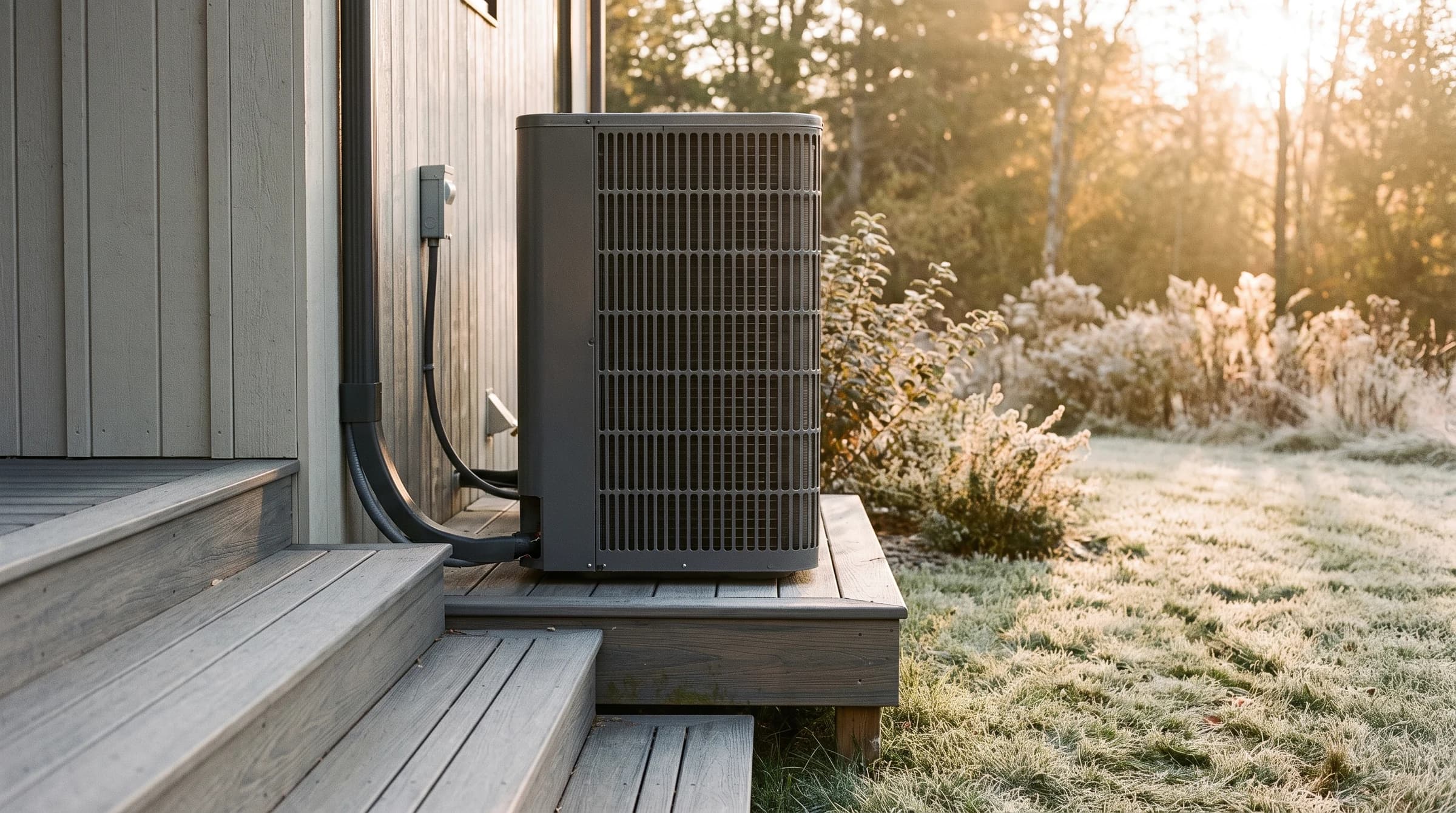 Cold-climate heat pump condenser on a composite stand beside modern farmhouse porch steps at first light