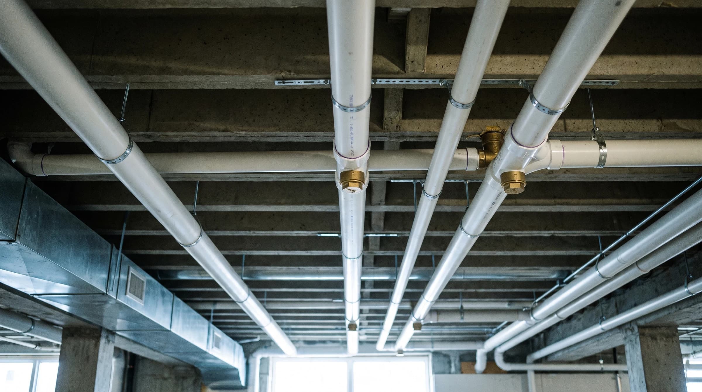 Overhead run of new white PVC drain, waste, and vent piping with brass cleanouts, strapped to a concrete ceiling