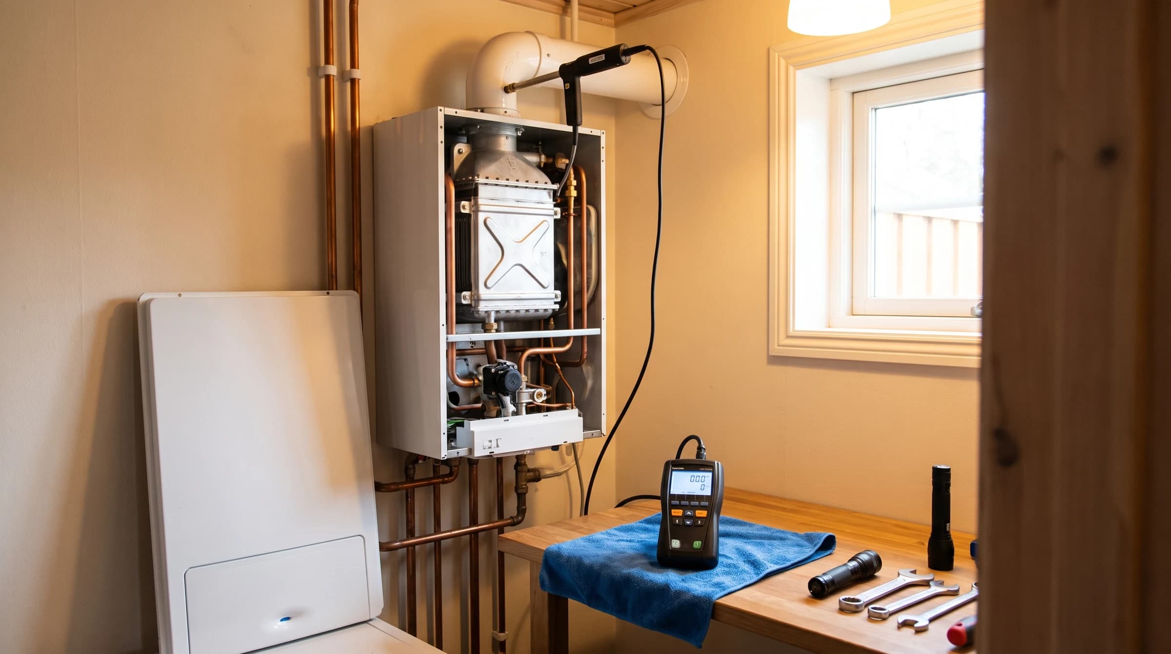 Freshly serviced boiler with panel off and combustion analyzer probe in the flue port