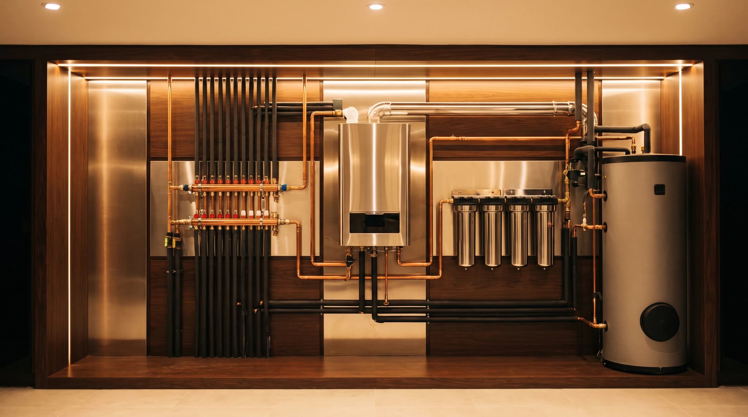 Full mechanical wall plumbed as one copper system: boiler, indirect tank, manifold, and filtration