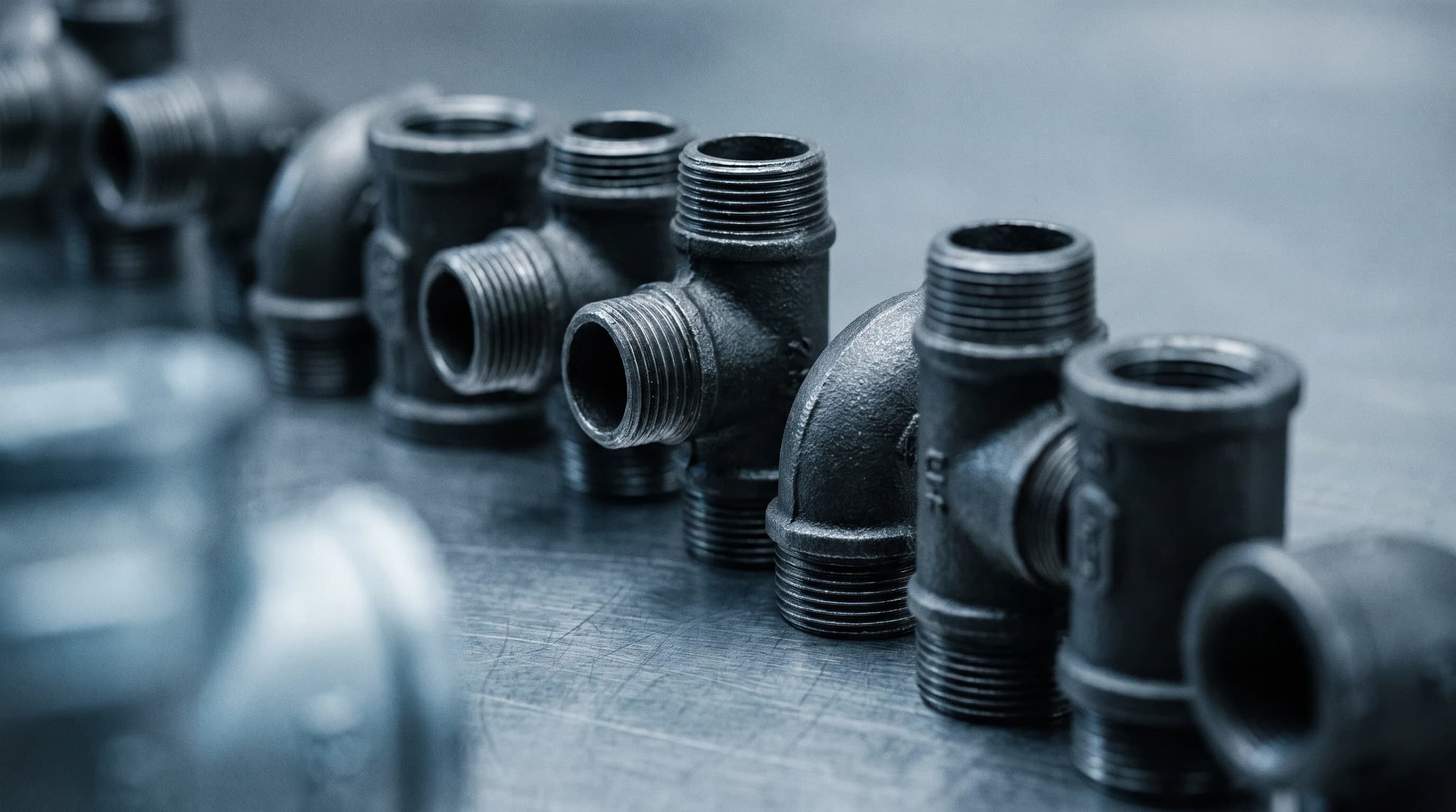 Macro of threaded black iron fittings arranged in a cool steel row