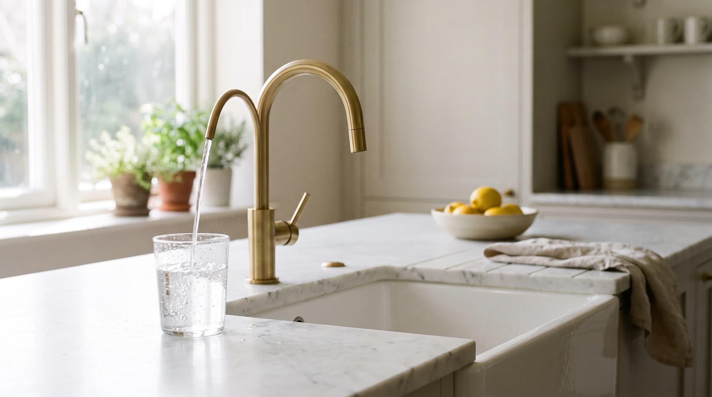 Filtered-water tap pouring a clear glass at a modern kitchen sink in soft daylight