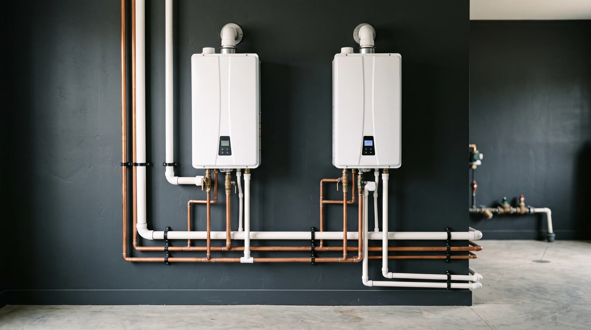 Two wall-hung tankless water heaters piped side by side in a basement mechanical corner