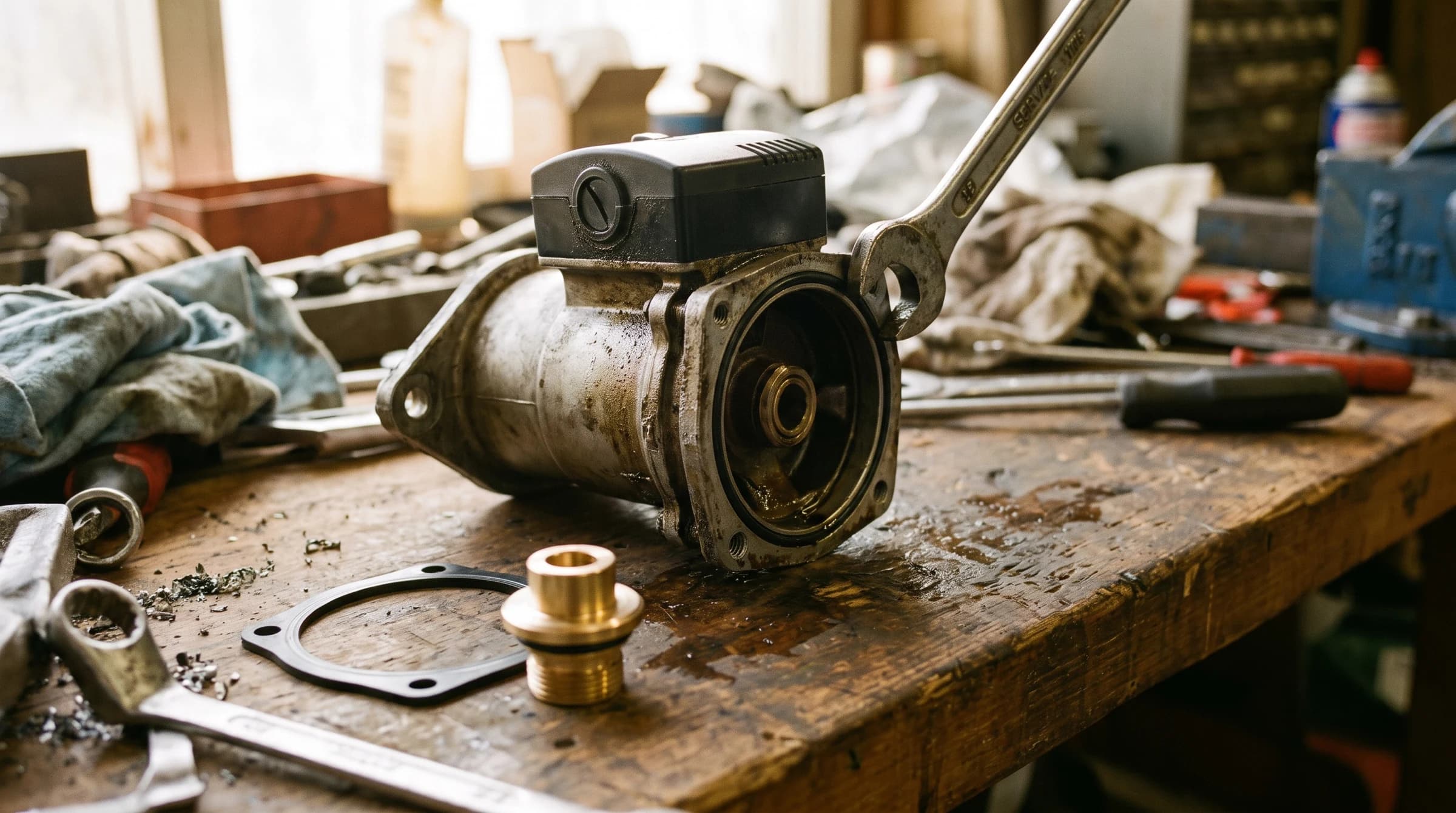 Service wrench on an opened circulator pump flange, repair in progress