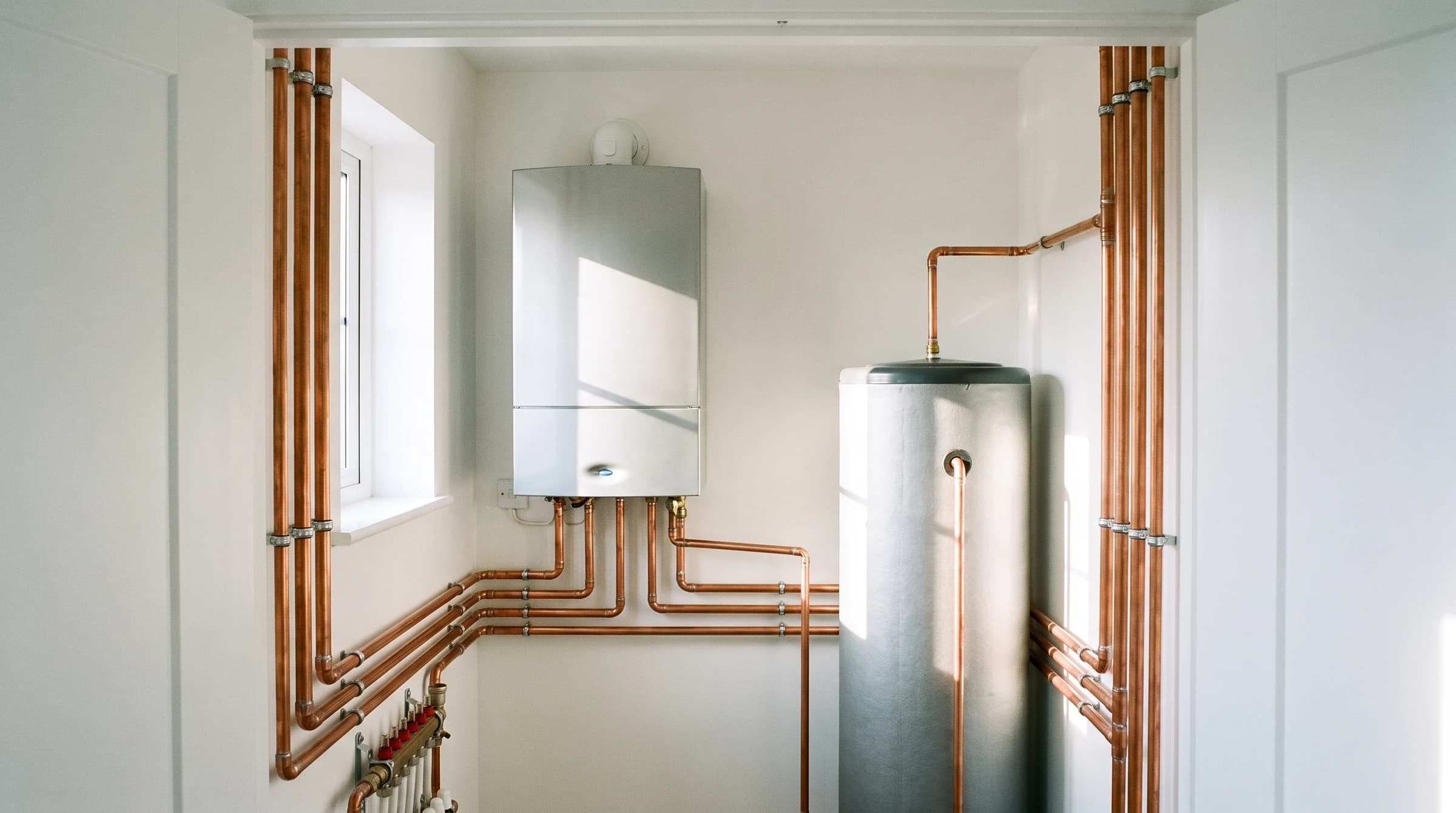 Combi boiler and indirect tank in a bright white mechanical closet