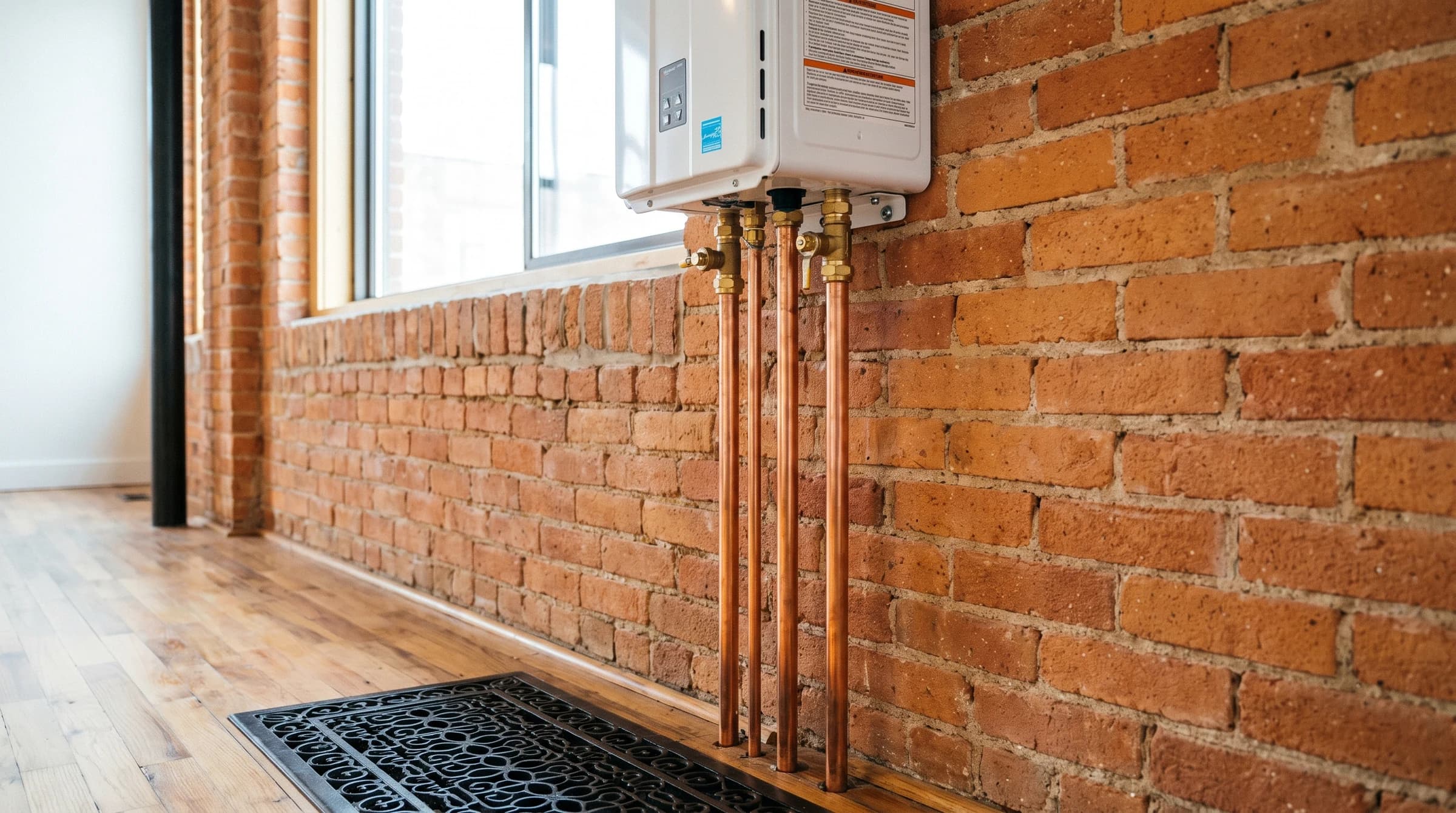 Tankless water heater on exposed brick with new copper supplies in a loft register