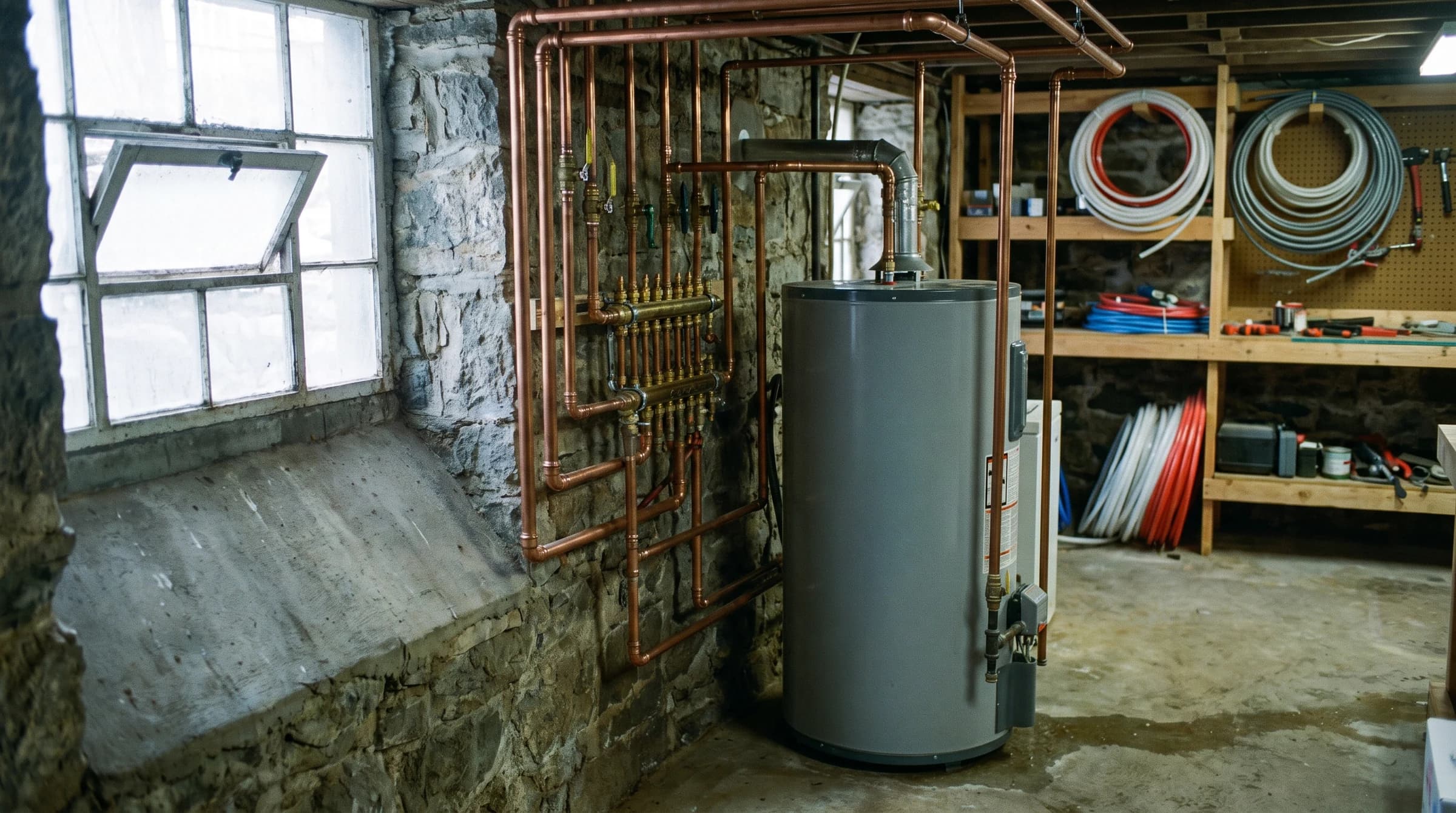 Copper press piping and heating connections above a water heater in a coastal basement