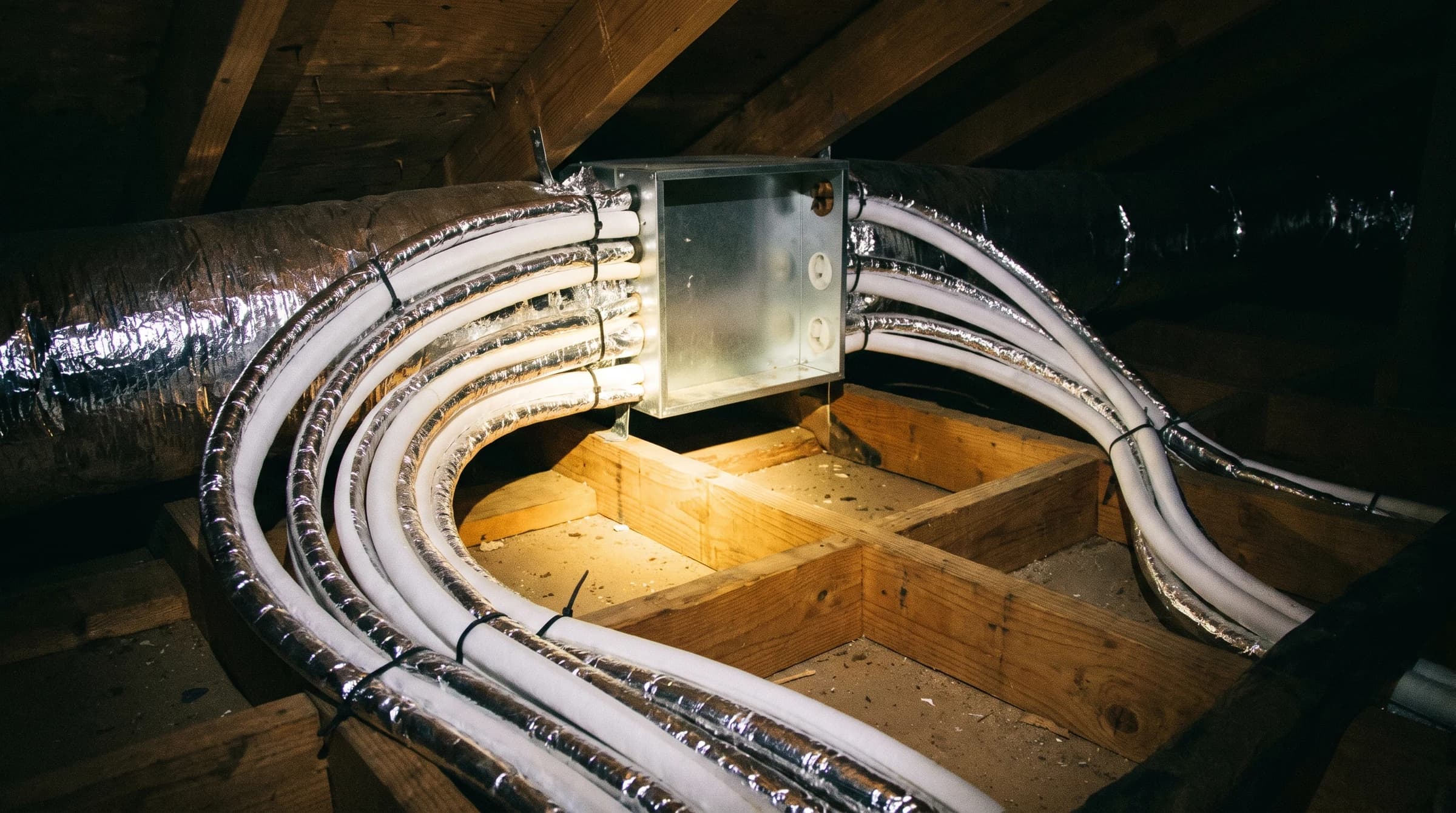 Mini split branch box with insulated refrigerant lines fanned through an attic